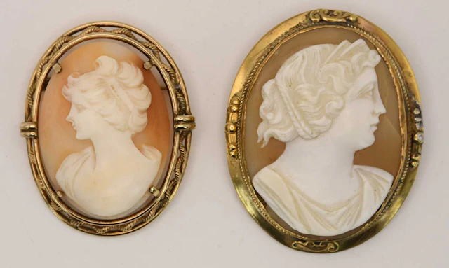 Two early 20th century gold plated oval portrait cameo brooches
