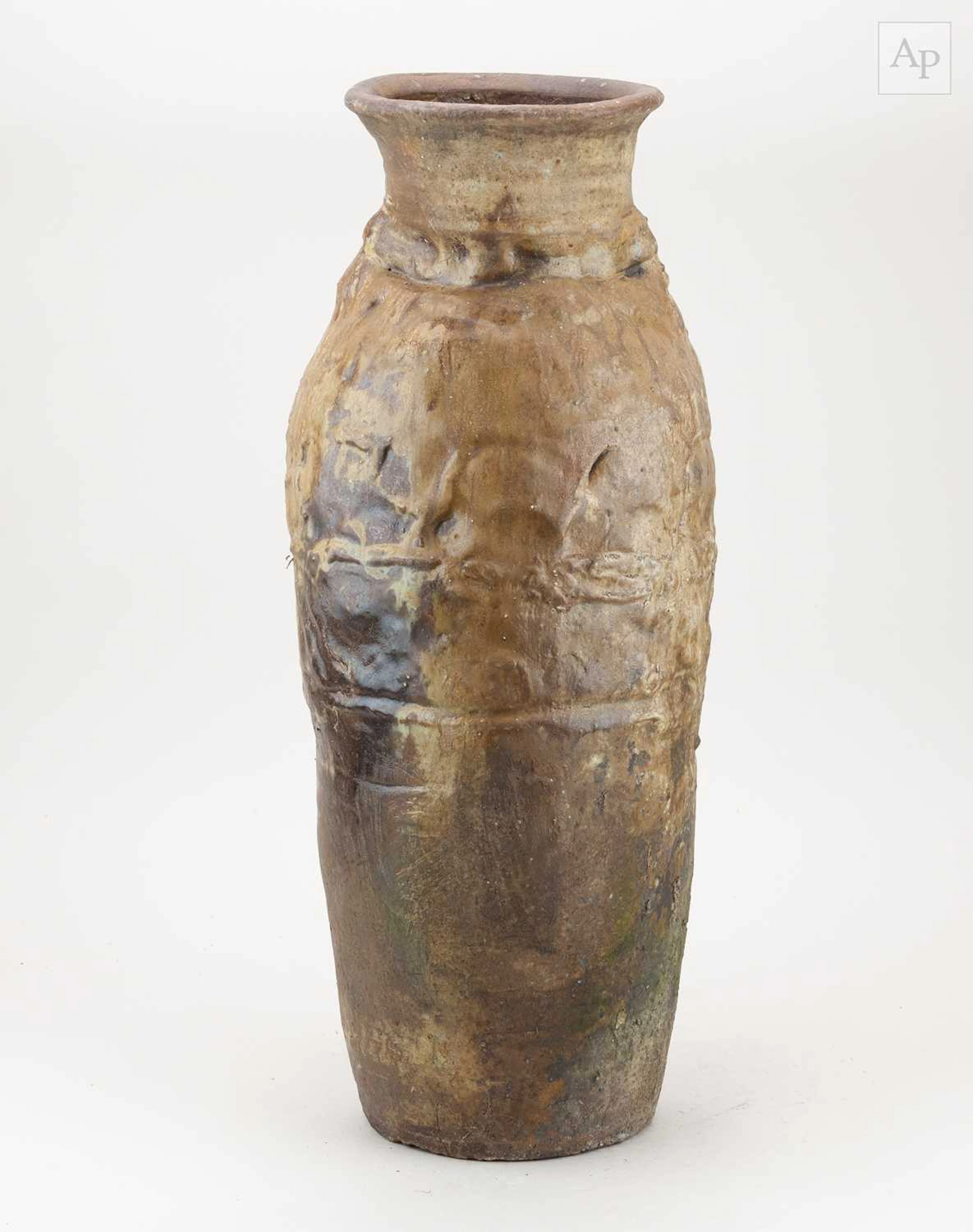 CHARLES BOUND (born 1939); a wood fired stoneware bottle covered in ash glaze