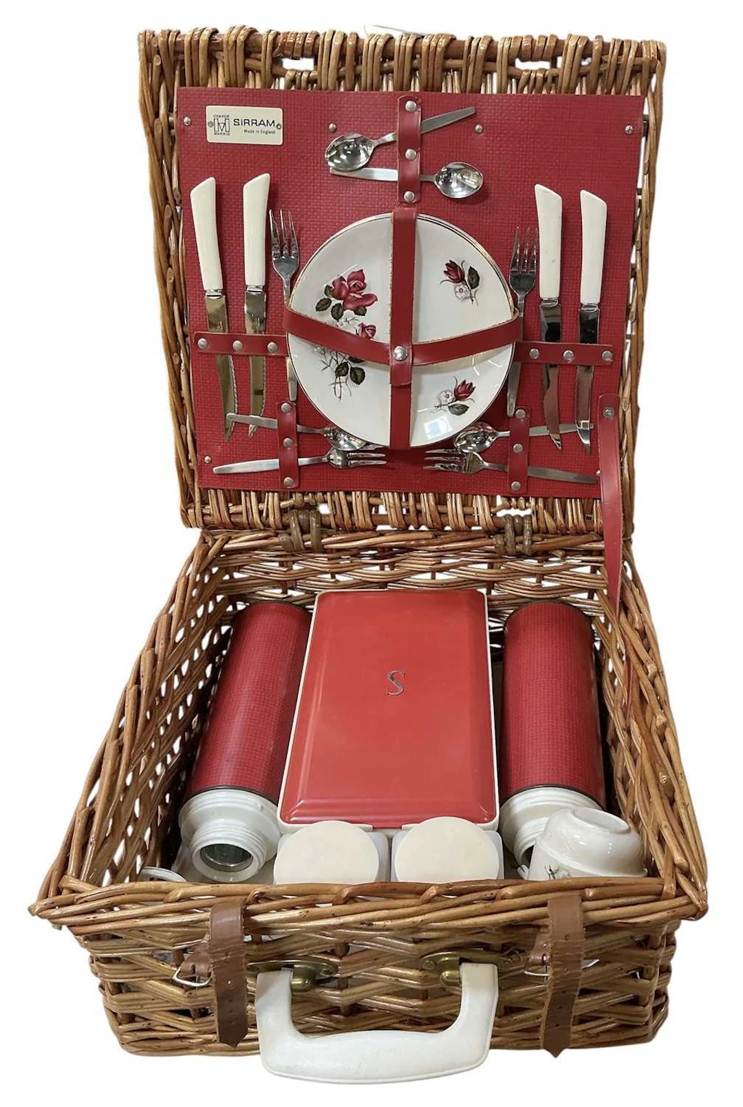 HAWKER MARRIS; a mid century wicker basket cased picnic hamper