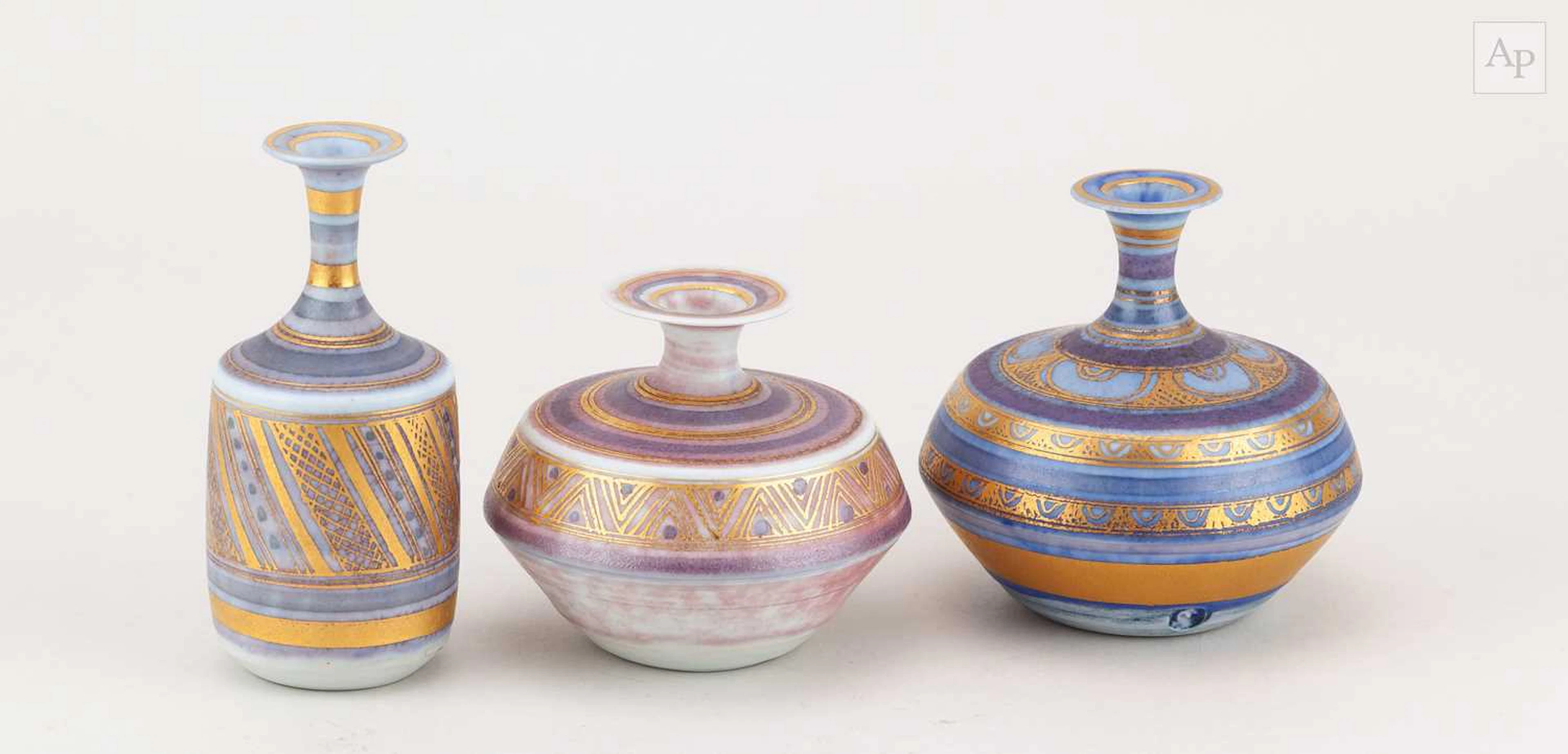 MARY RICH (1940-2022); a trio of small porcelain bottles...