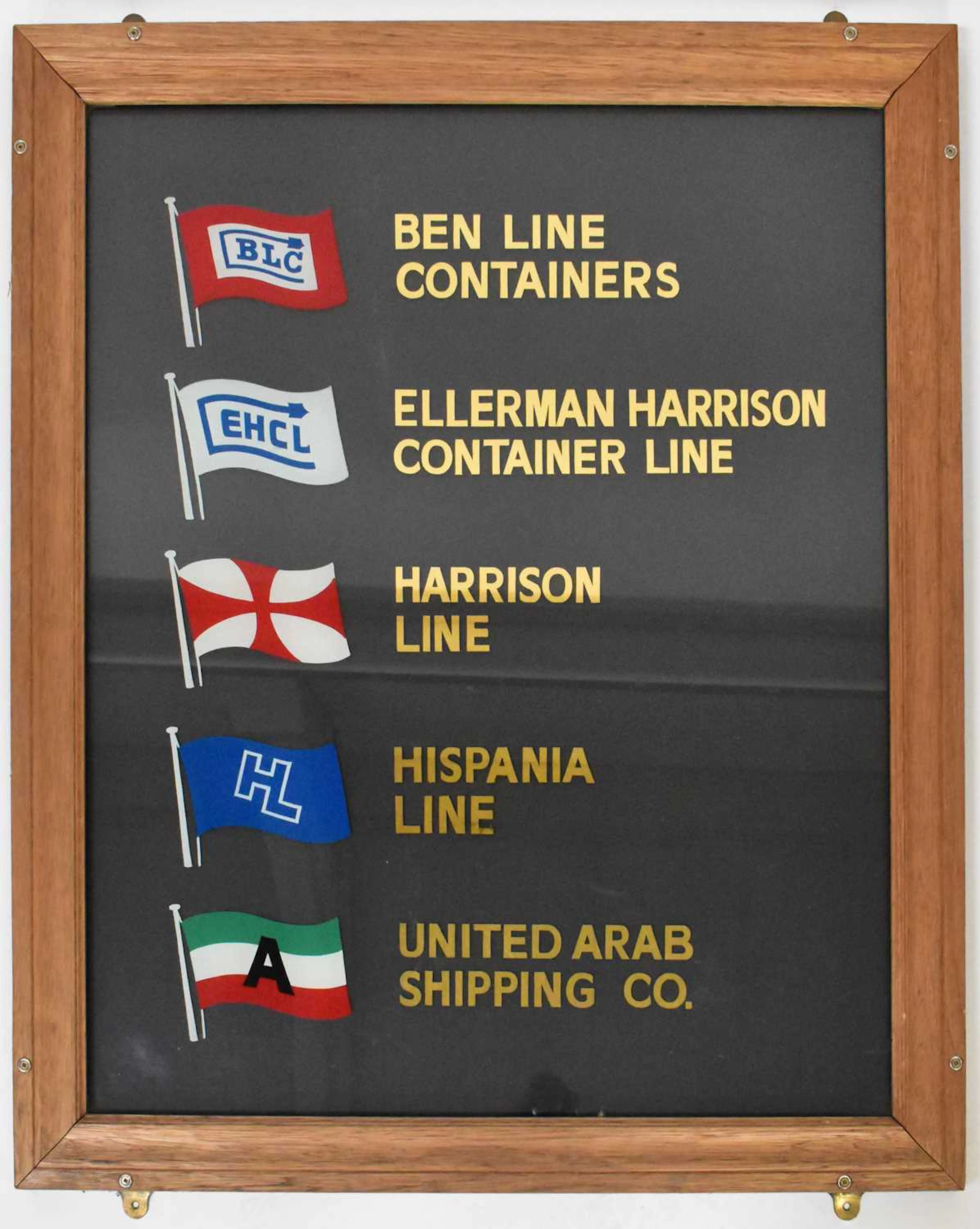 A reverse painted glass sign for various shipping lines