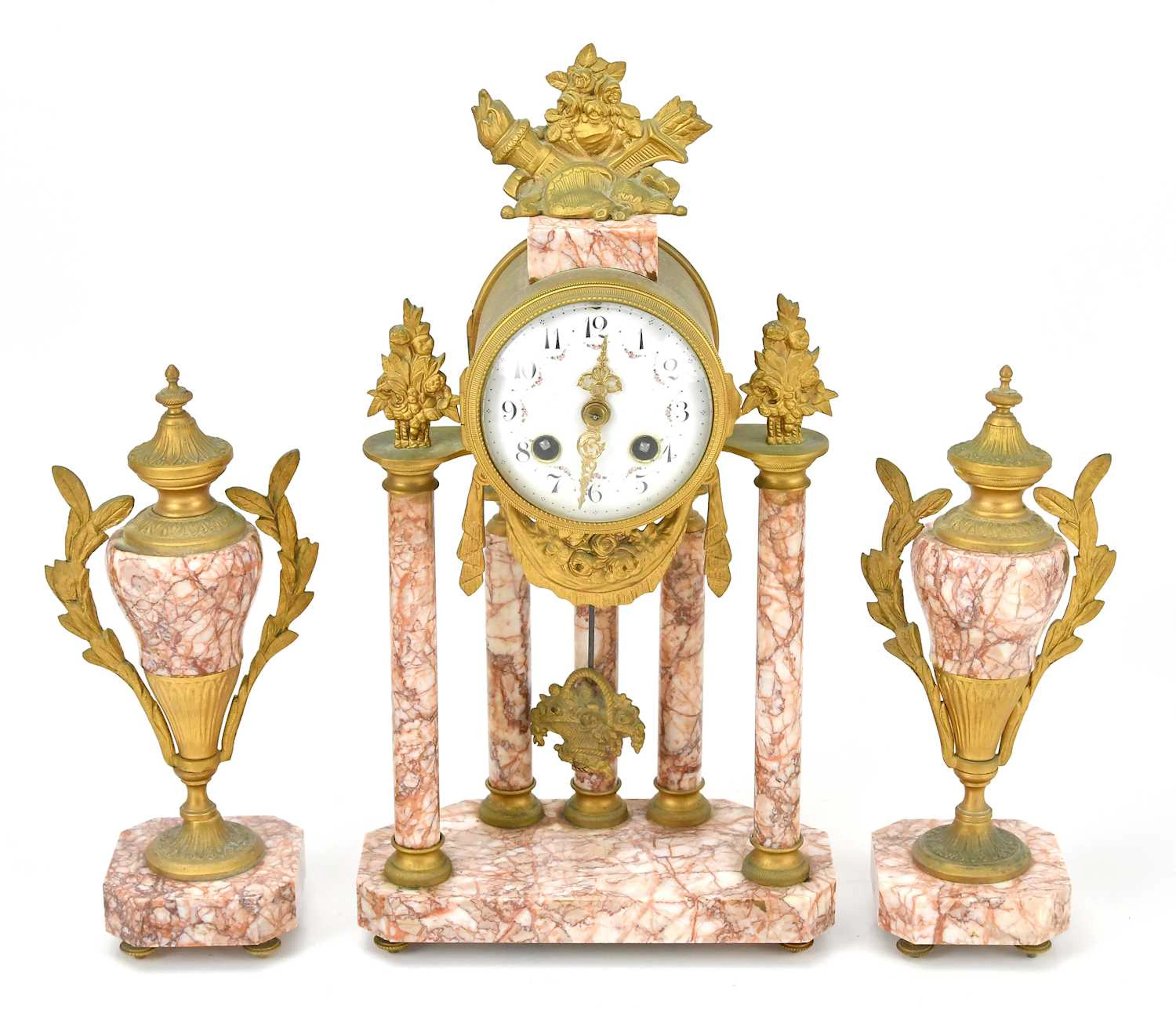 A late 19th century French marble and ormolu three piece clock garniture