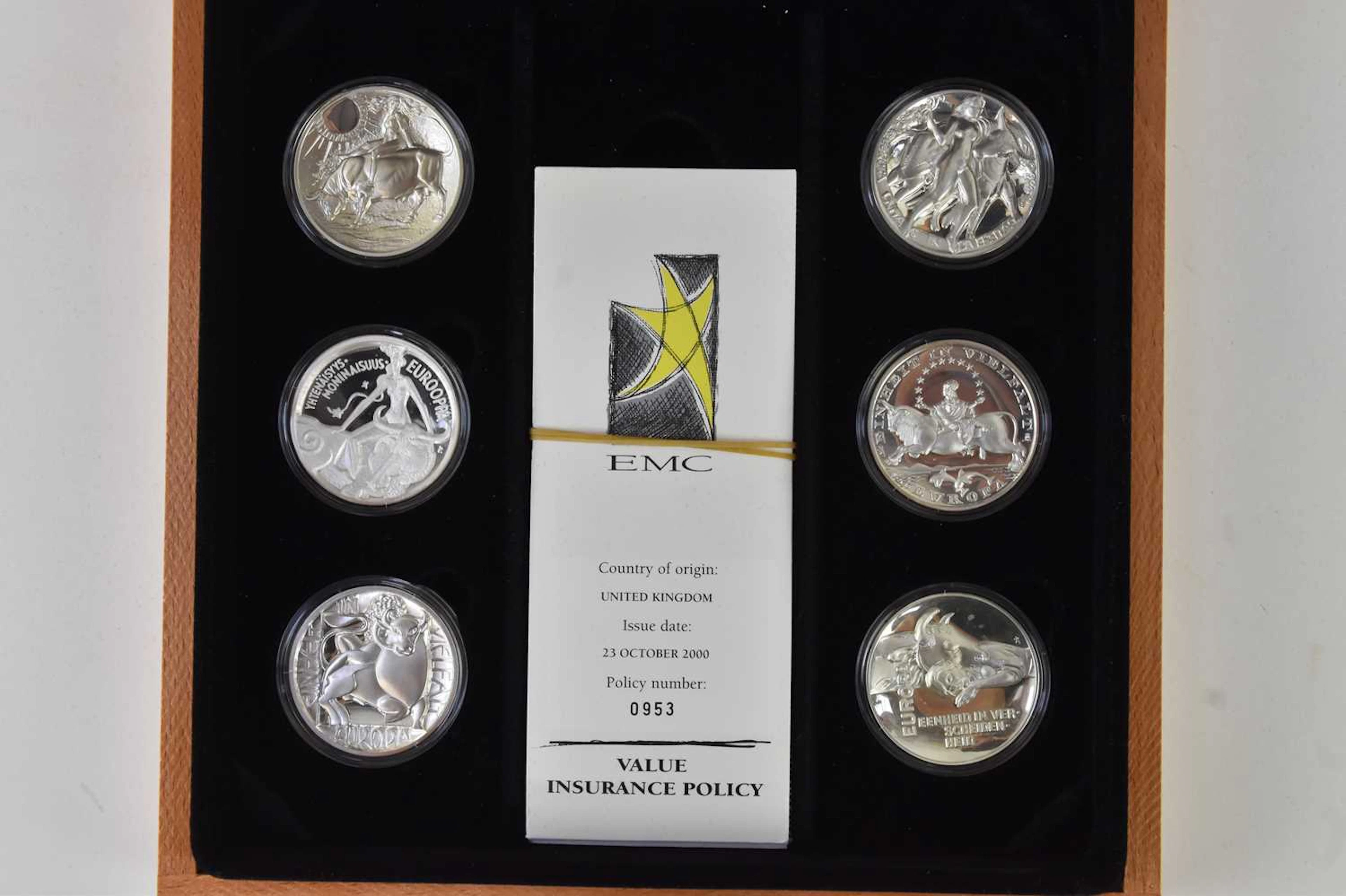 EMC; a cased encapsulated silver proof six-coin set