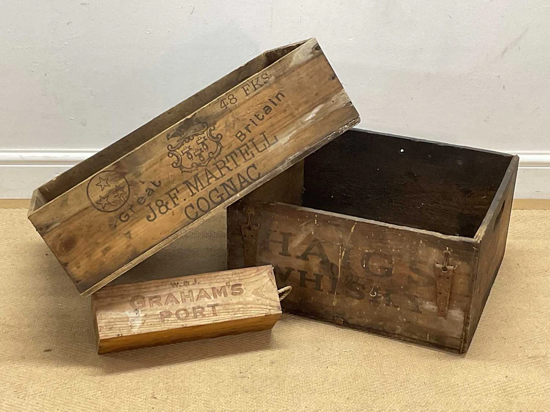WINES & SPIRITS; three wooden crates