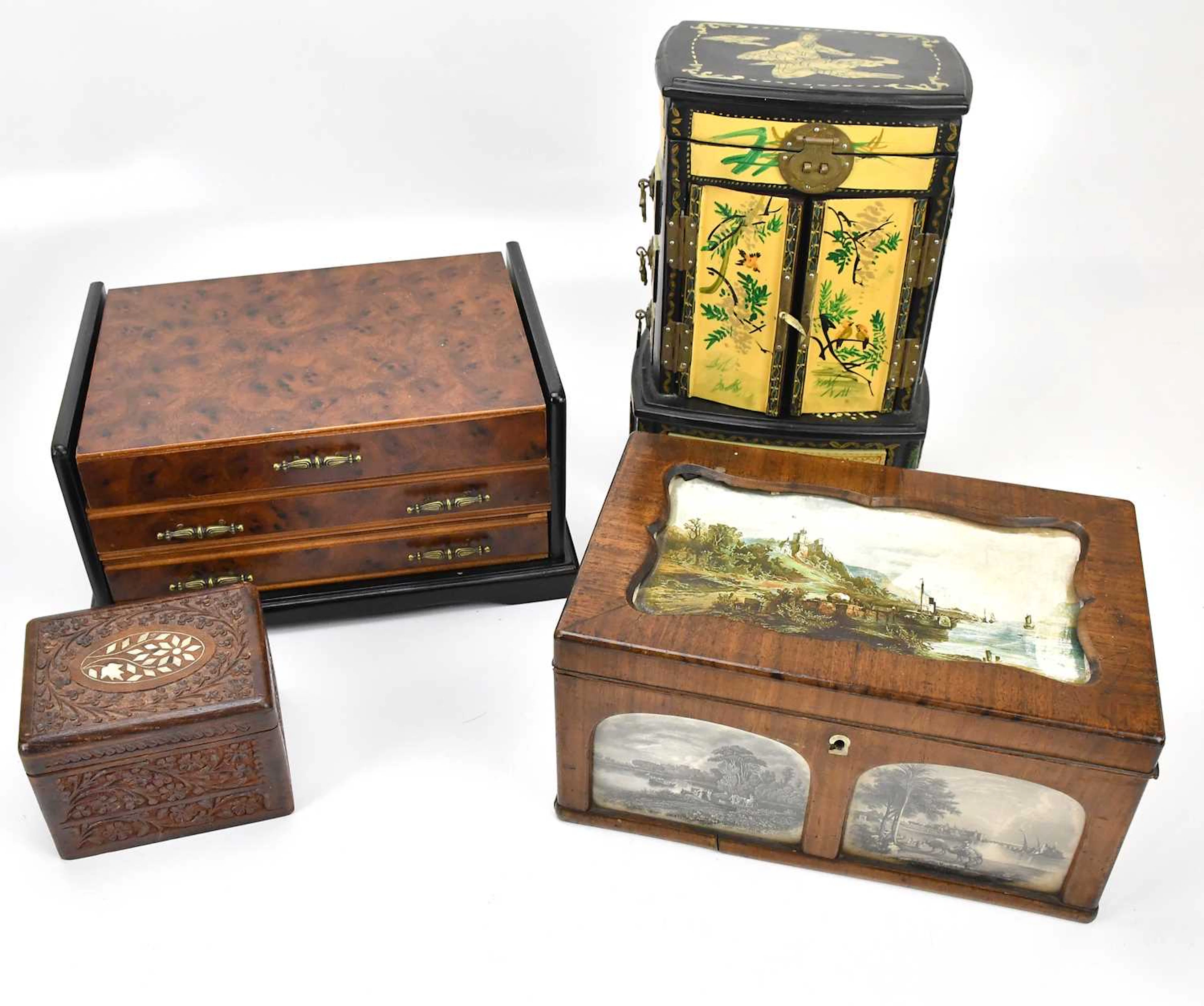 A Victorian mahogany jewellery box with transfer printed panels