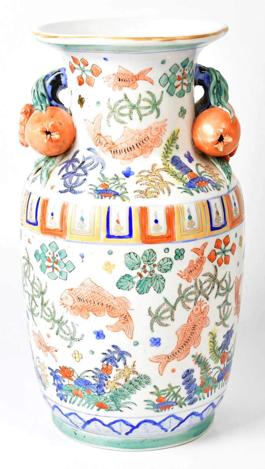 A Chinese vase decorated with carp and with pomegranate handles