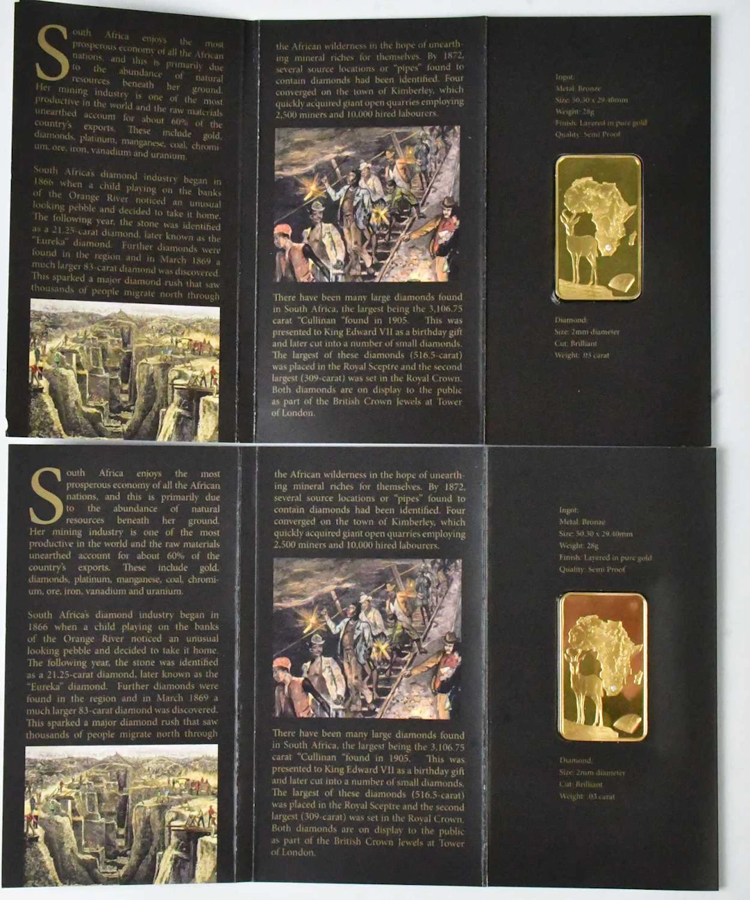 LONDON MINT OFFICE; two gold-plated semi-proof commemorative ingots 'Diamonds