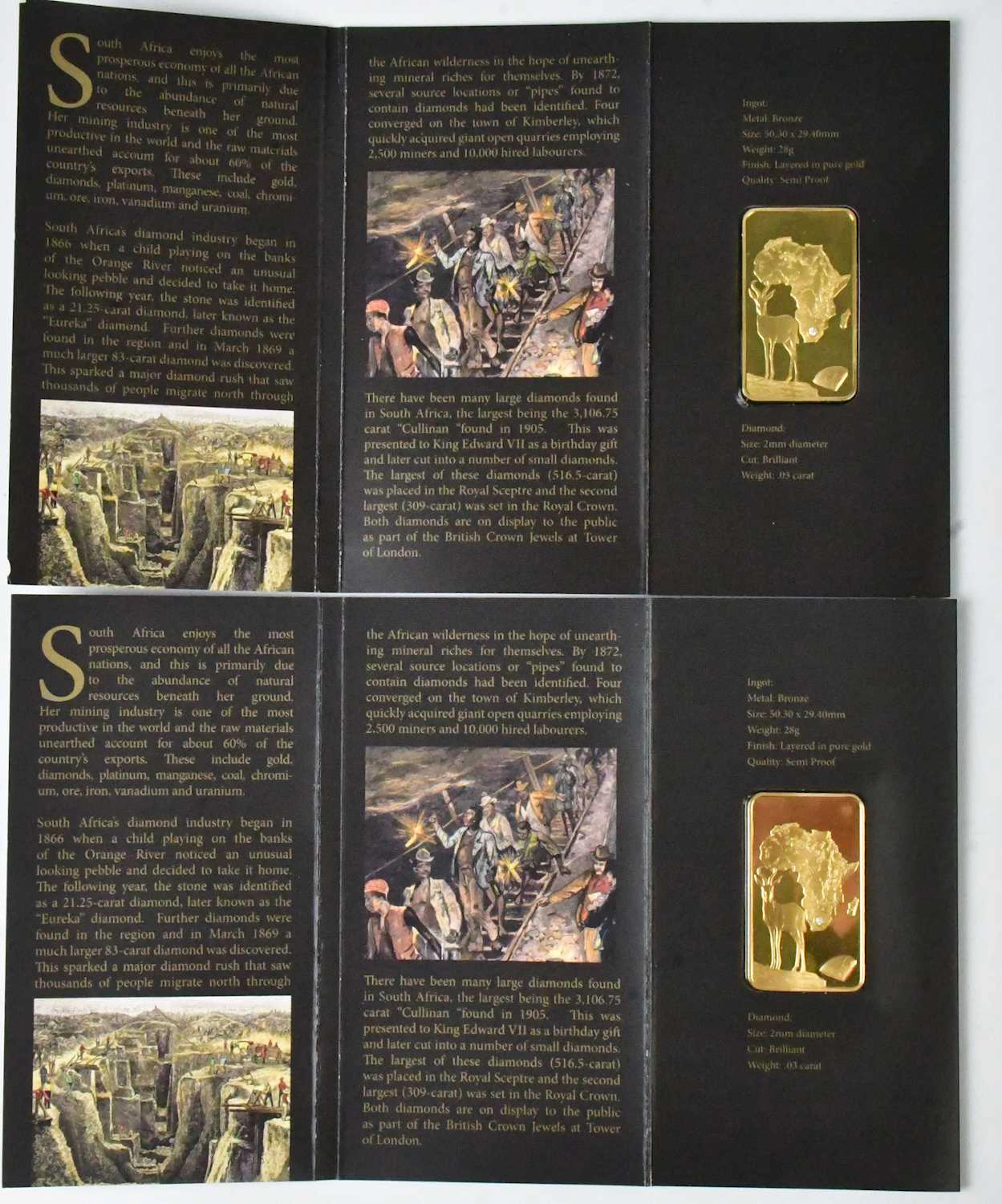 LONDON MINT OFFICE; two gold-plated semi-proof commemorative ingots 'Diamonds