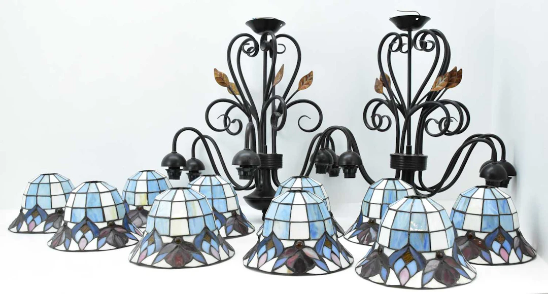 A pair of modern Loxton five-light chandeliers in the Tiffany style