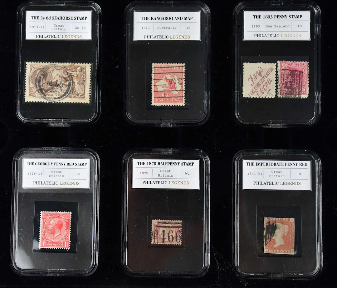 PHILATELIC LEGENDS; ten encapsulated stamps