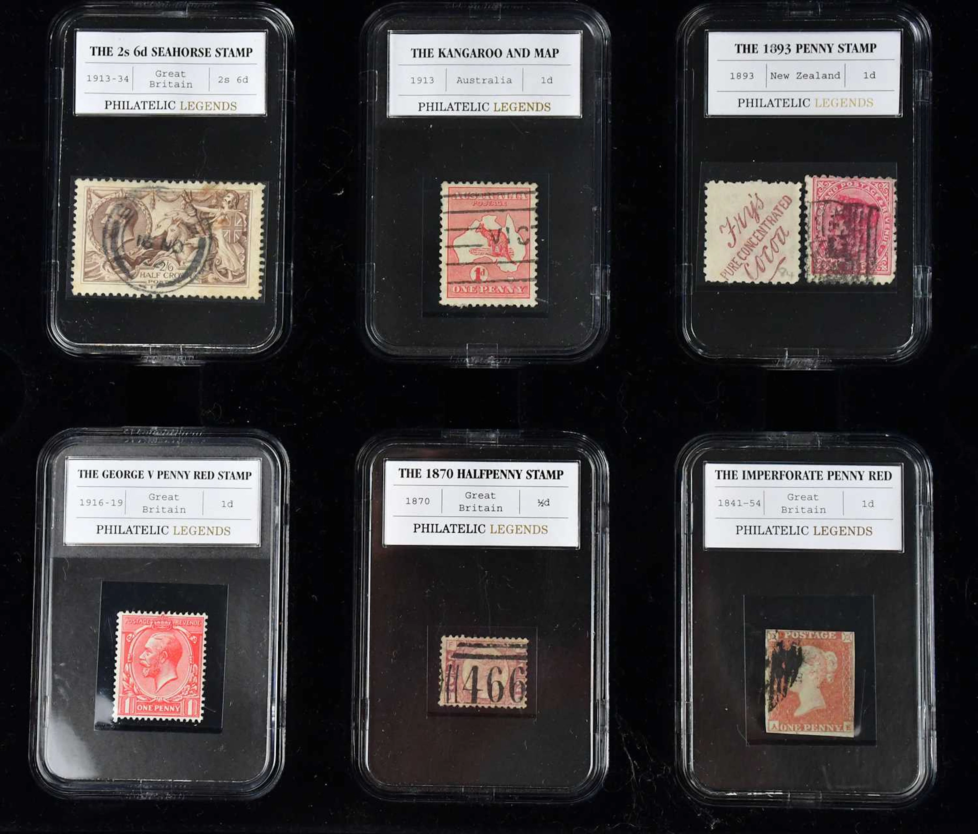 PHILATELIC LEGENDS; ten encapsulated stamps