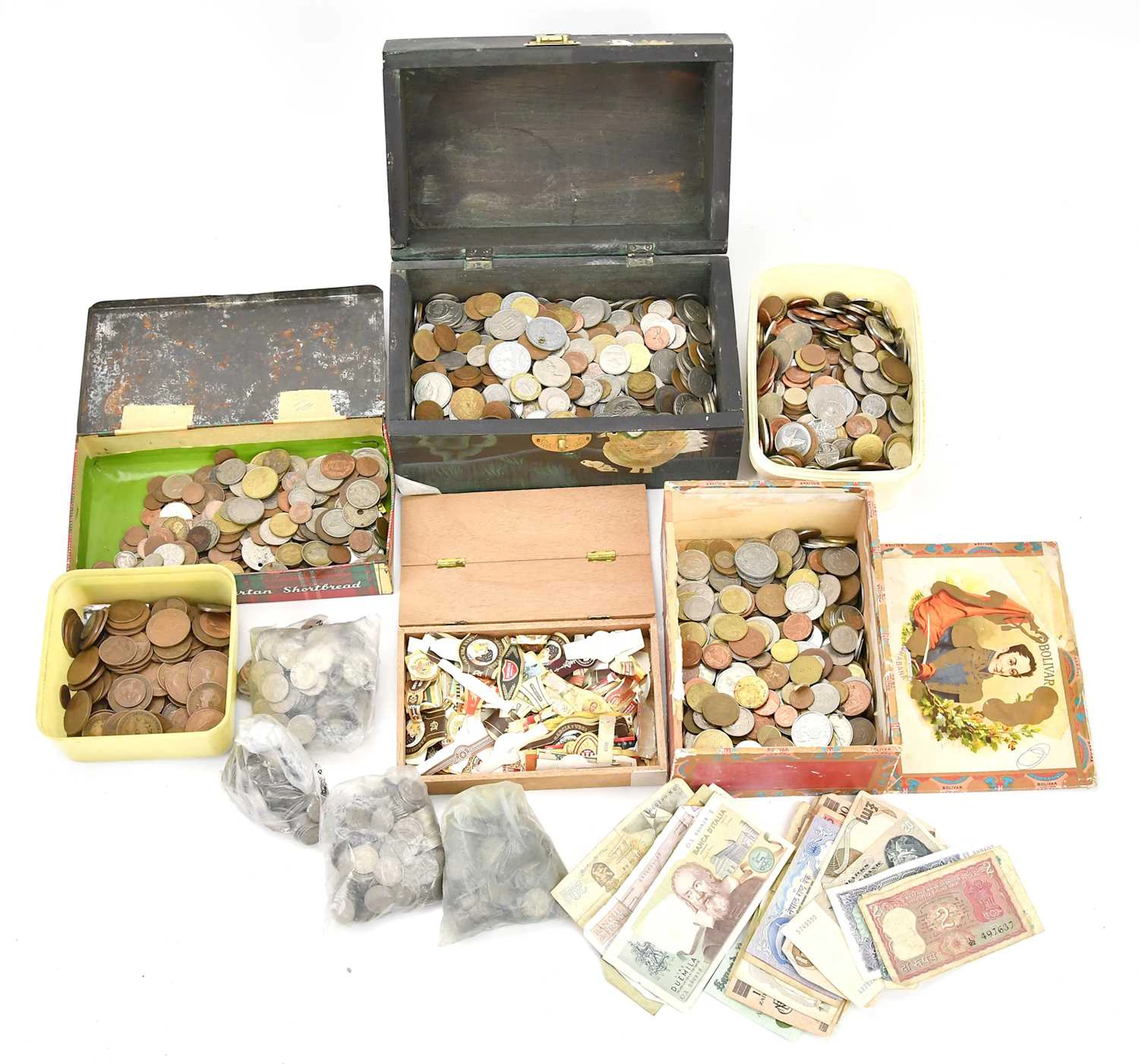 A mixed collection of coins comprising pennies