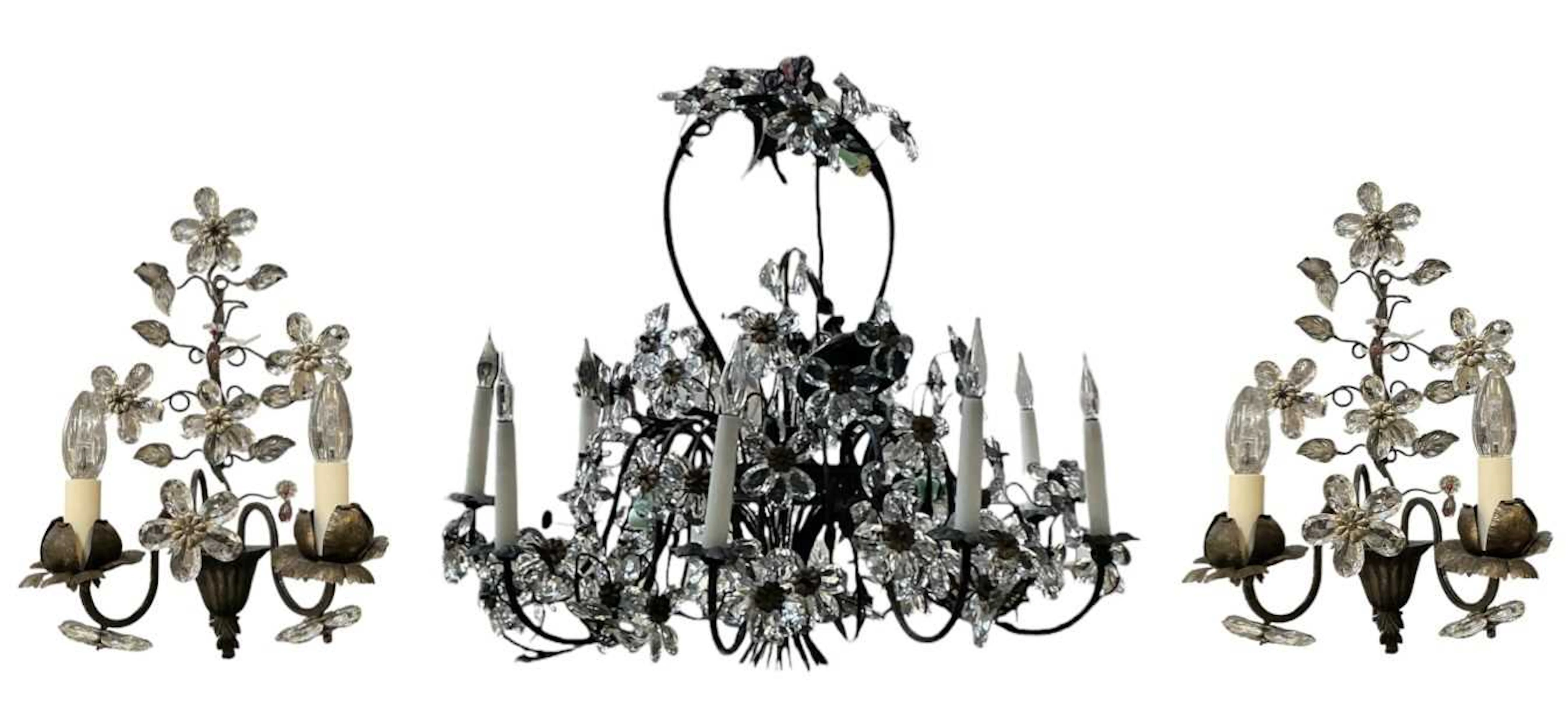 A modern bronzed metal cut glass drop six branch chandelier
