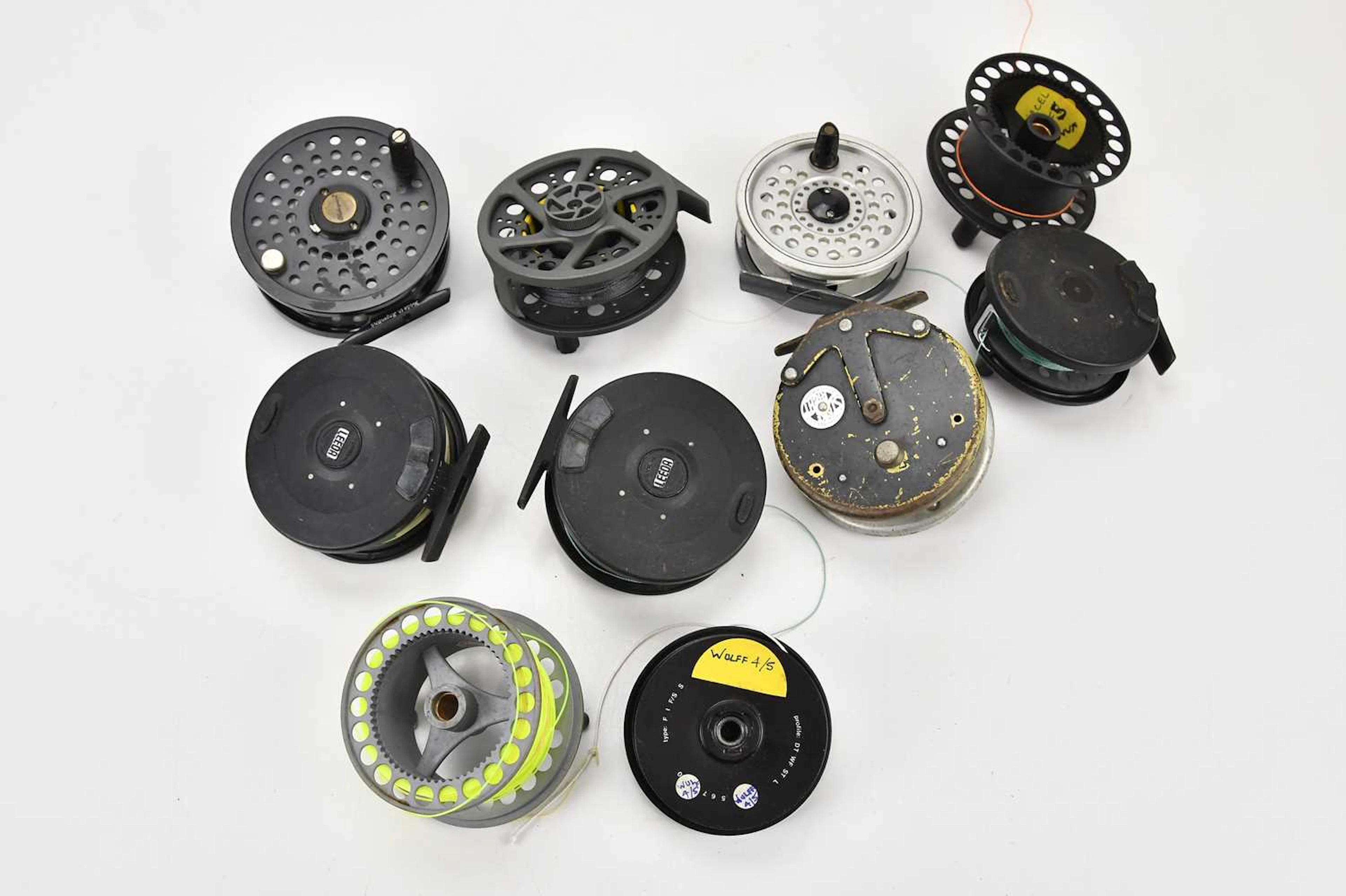 A collection of fishing reels