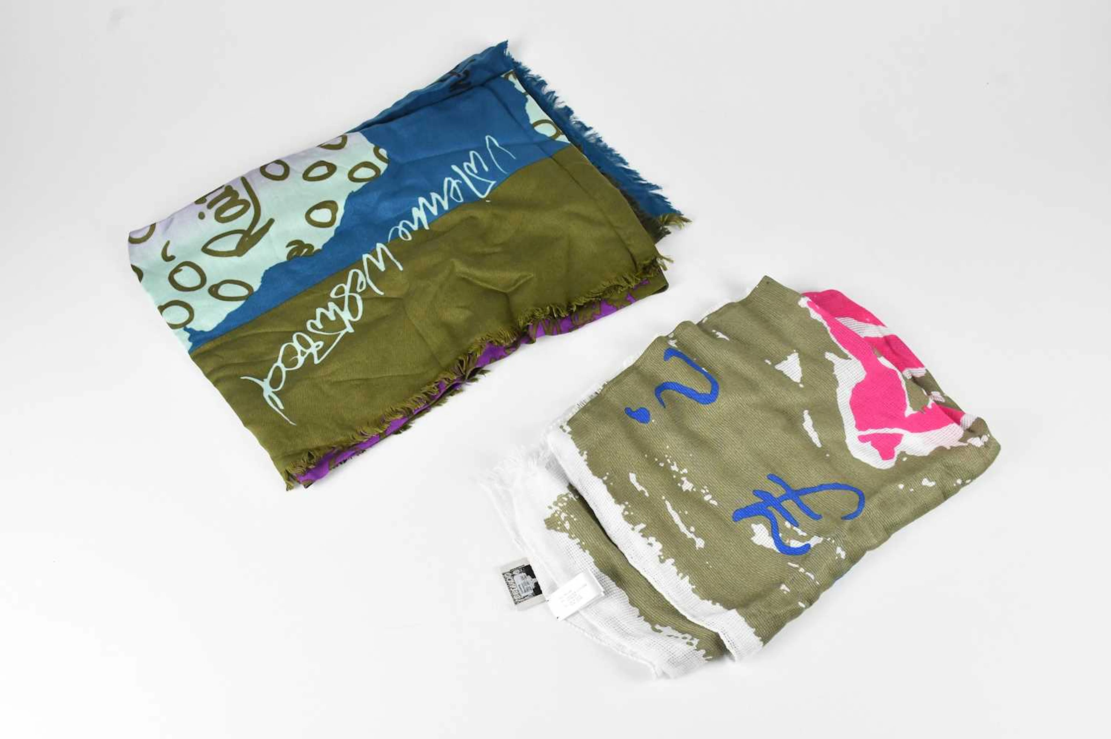 VIVIENNE WESTWOOD; a khaki green and pink silk mix scarf...