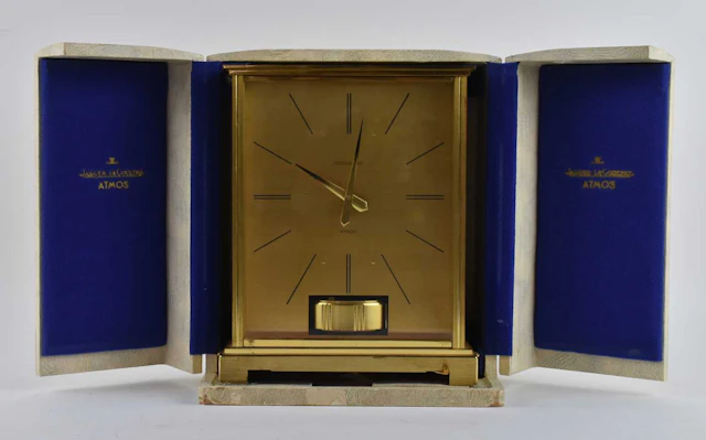 JAEGER-LECOULTRE; a mid century gilt brass cased 'Atmos' clock