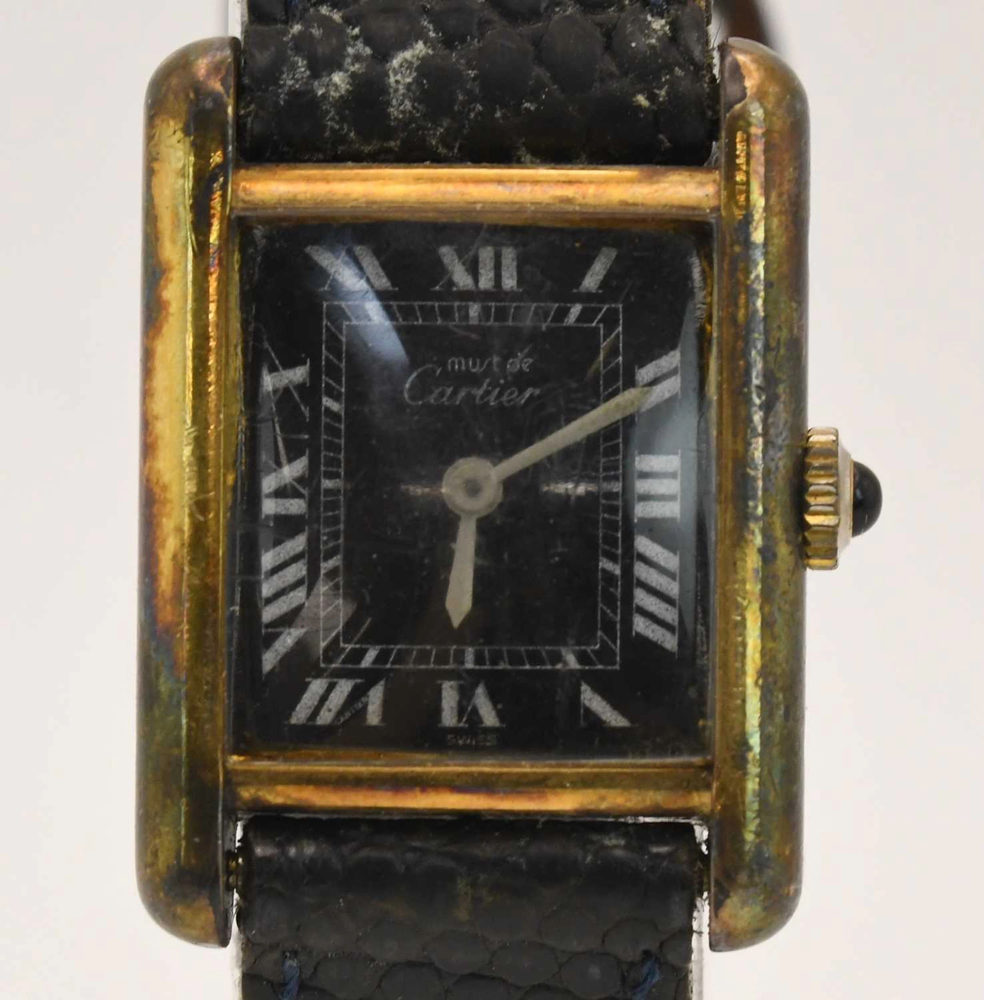 MUST DE CARTIER; a vintage lady's 925 silver gilt cased tank type wristwatch