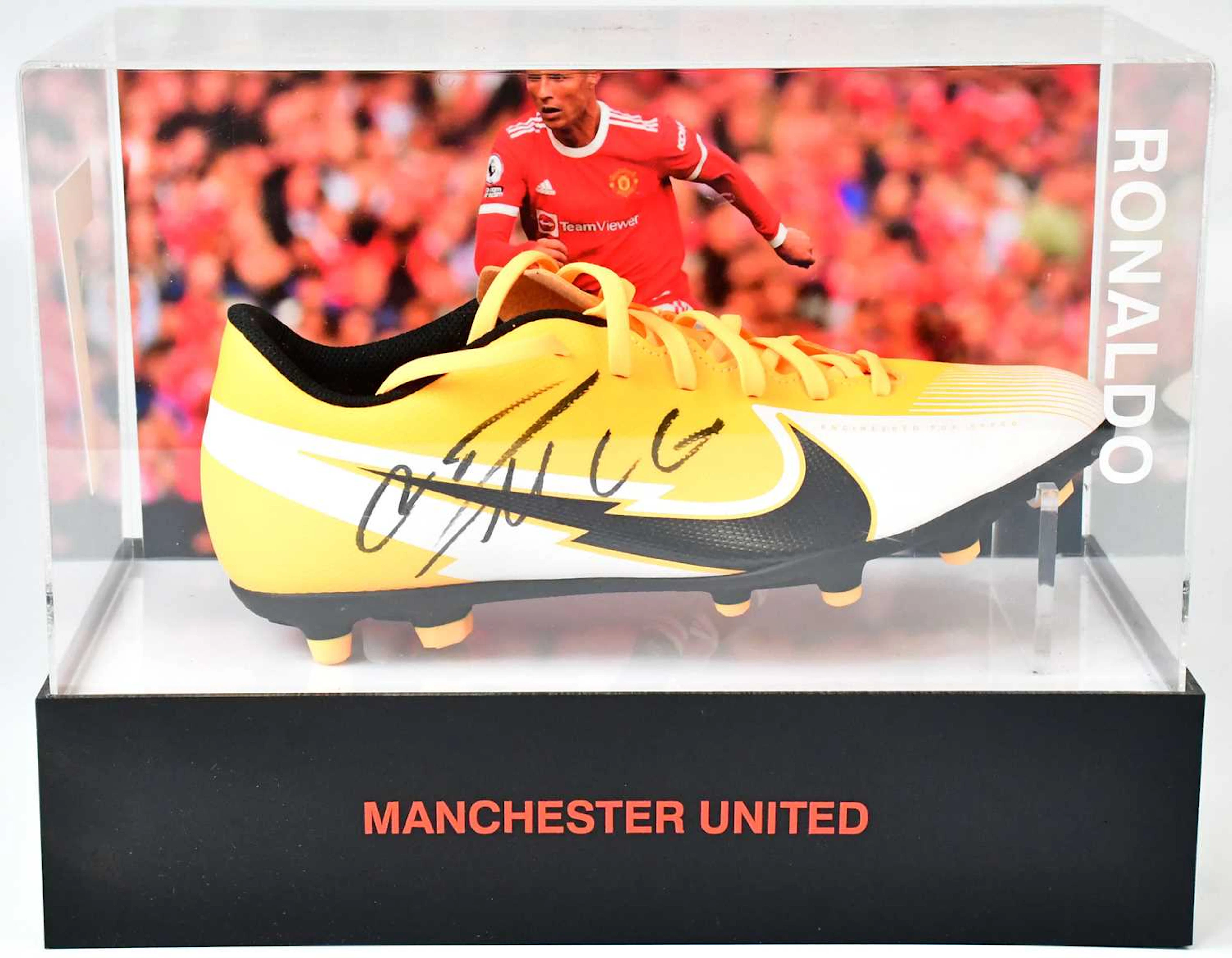 RONALDO; an illuminated Perspex case containing a Nike football boot