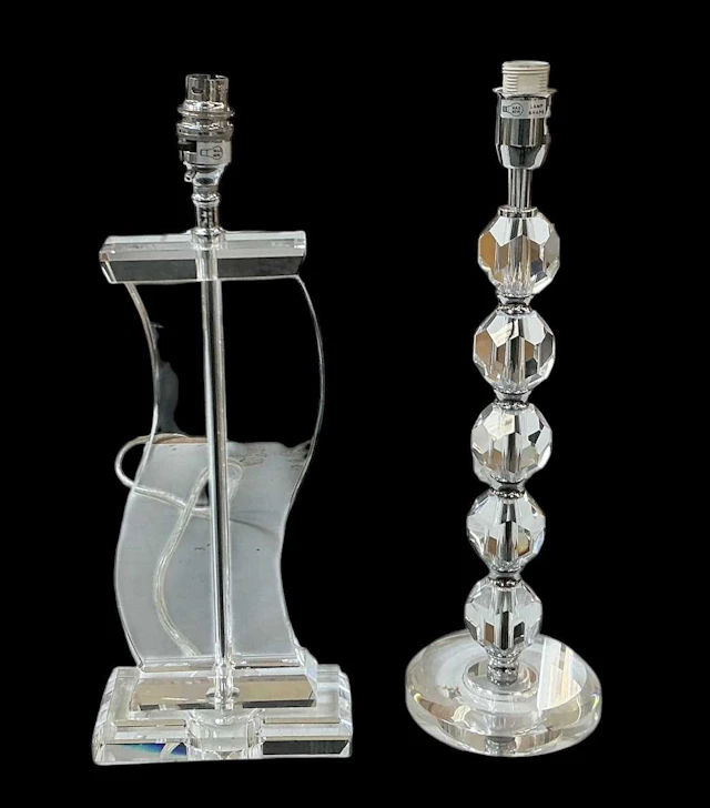 Two modern contemporary clear glass table lamps