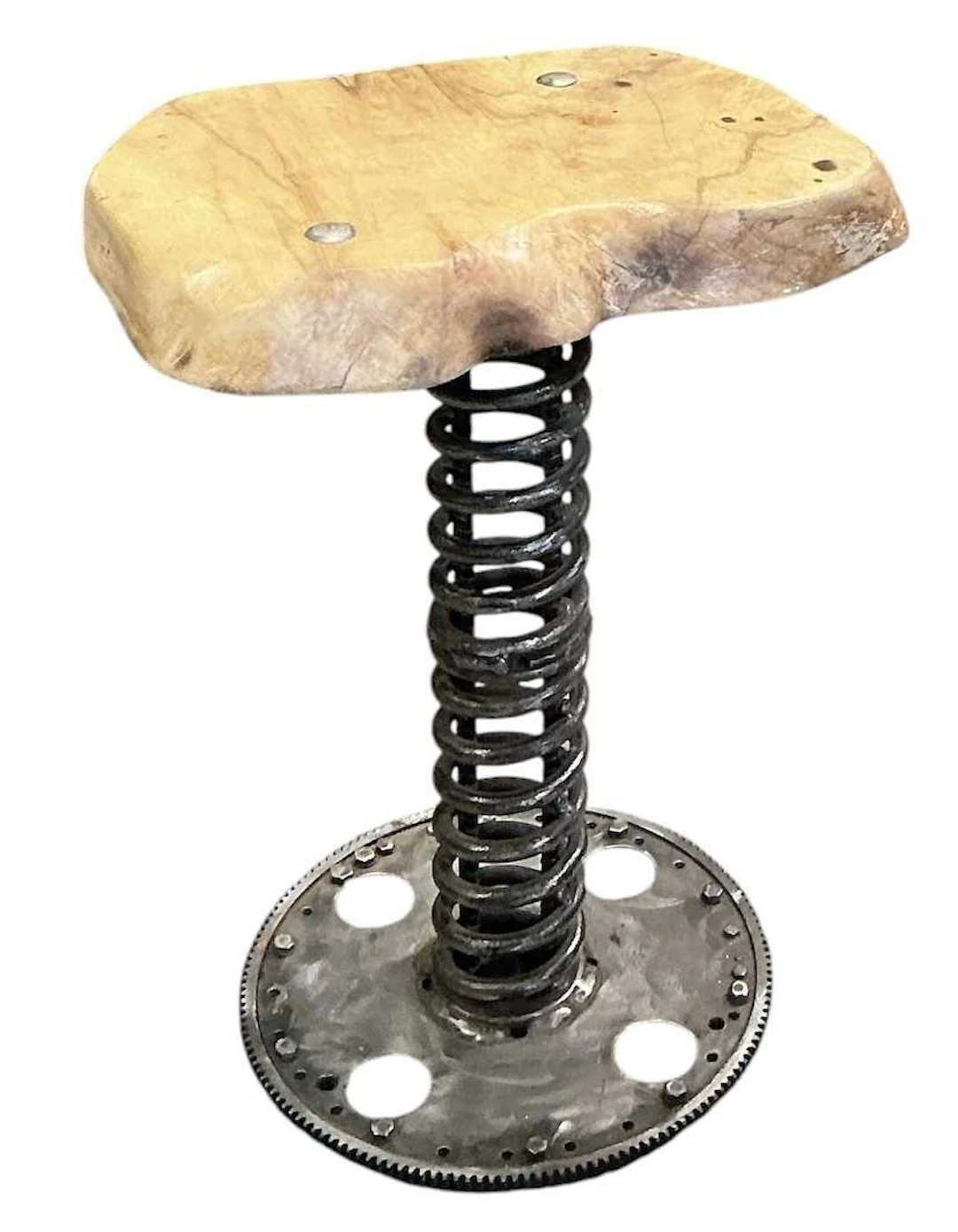 A modern contemporary handmade stool fashioned from a coil spring and cog