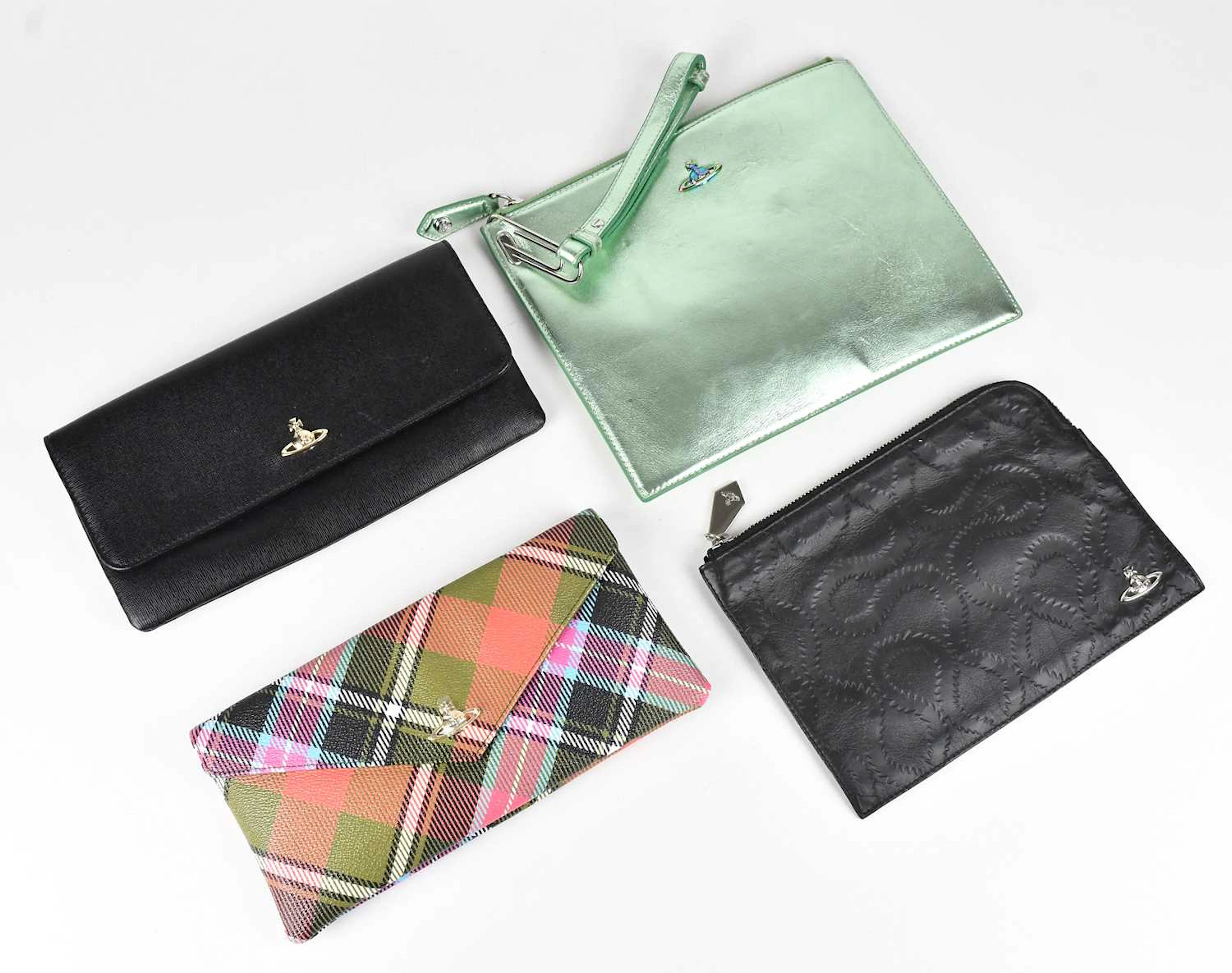 VIVIENNE WESTWOOD; a metallic green large pouch with maker's logo to front