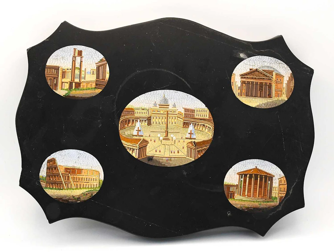 A 19th century Italian Grand Tour black slate micromosaic panel/paperweight