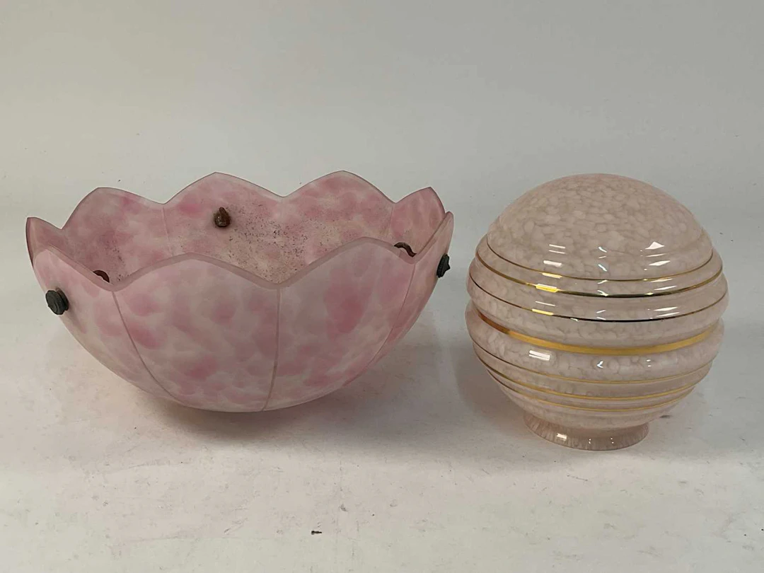 An Art Deco plafonnier pink glass ceiling shade