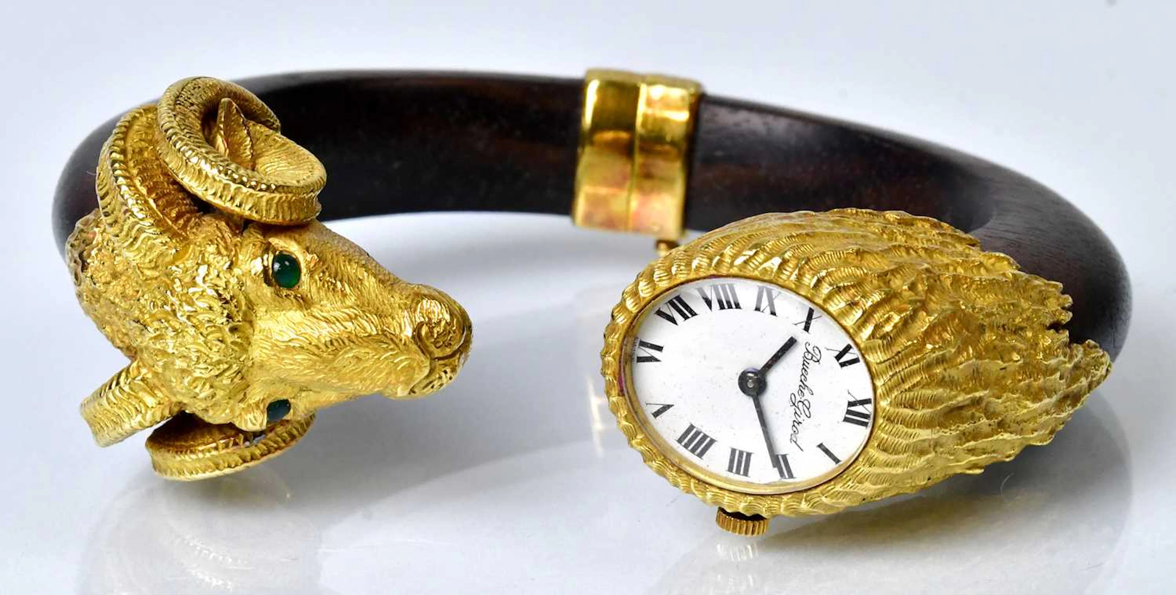 GAY FRERES; a c.1970 18ct yellow gold Zodiac Ram bracelet cuff wristwatch