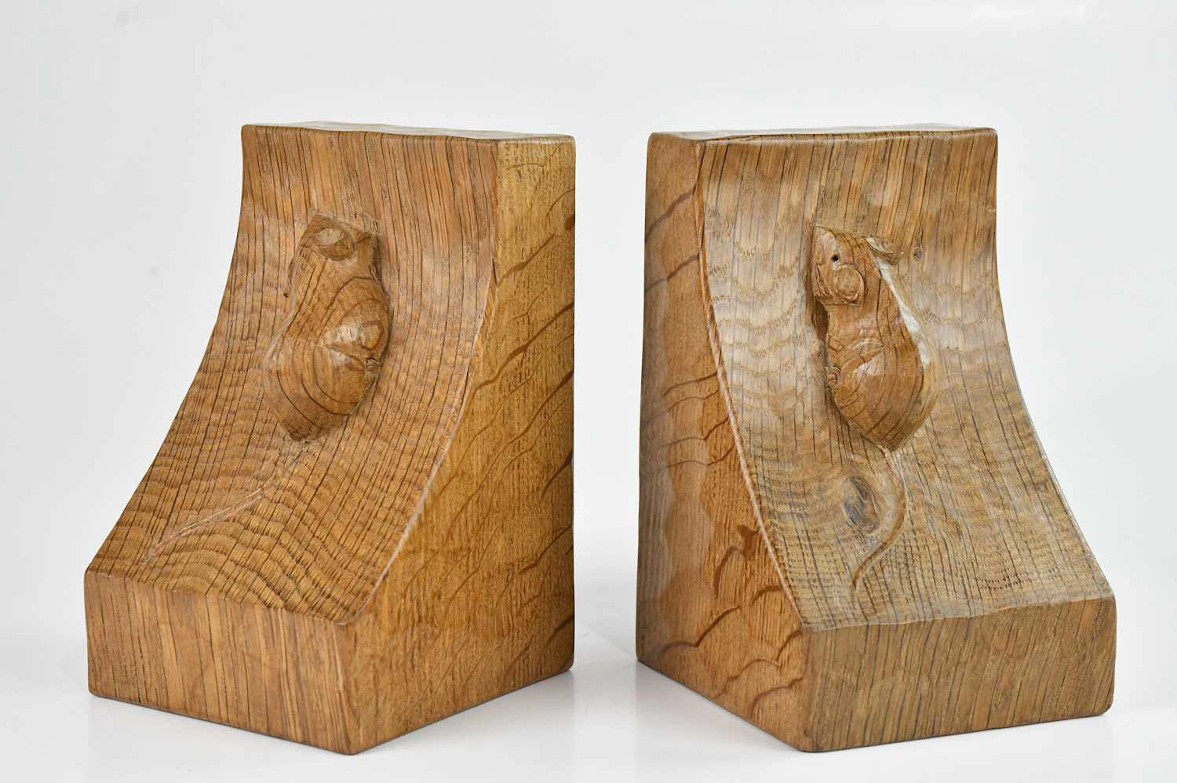 WORKSHOP OF ROBERT 'MOUSEMAN' THOMPSON; a pair of adzed oak bookends