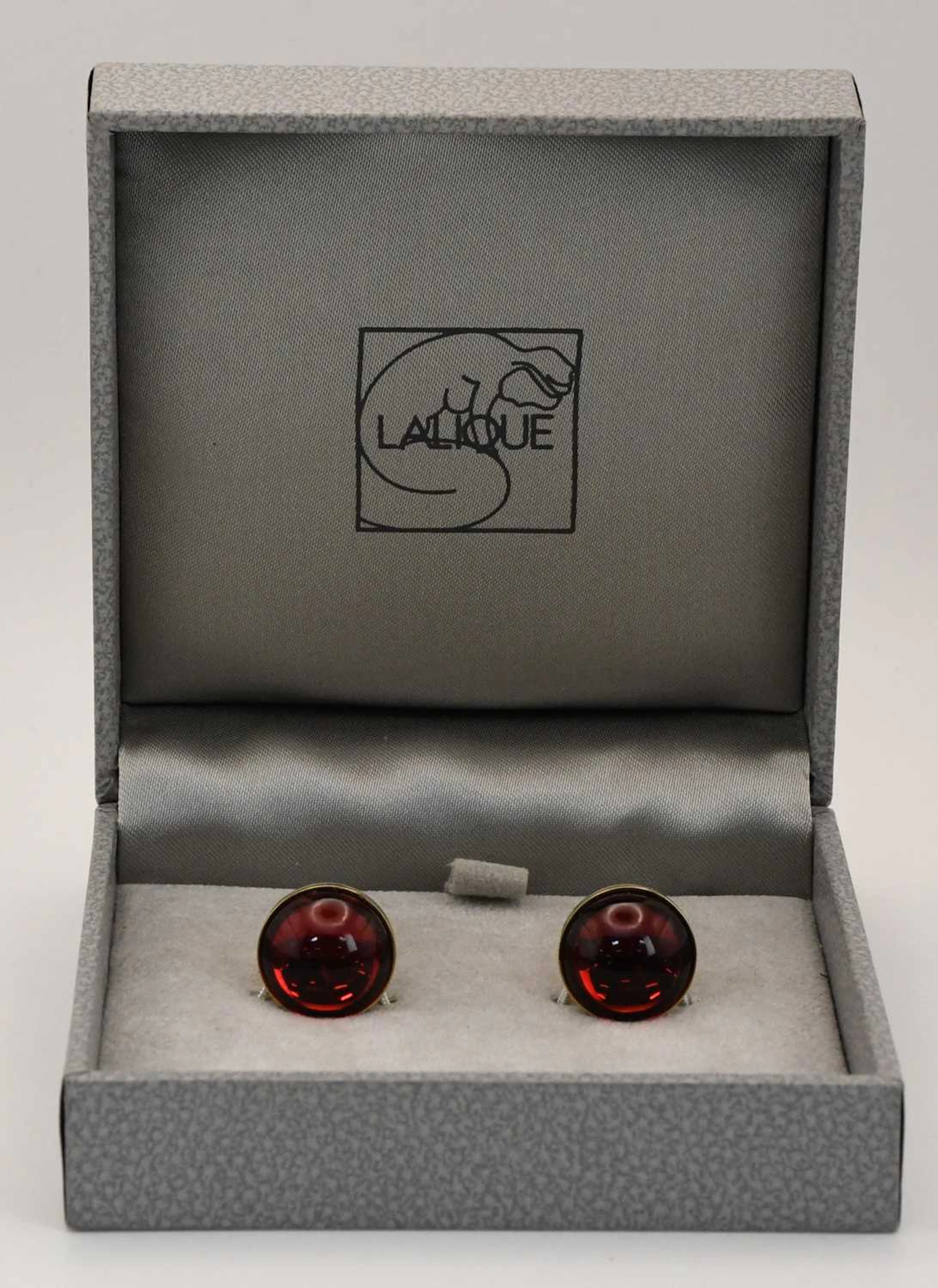 LALIQUE; a cased pair of gentleman's gold plated cherry...