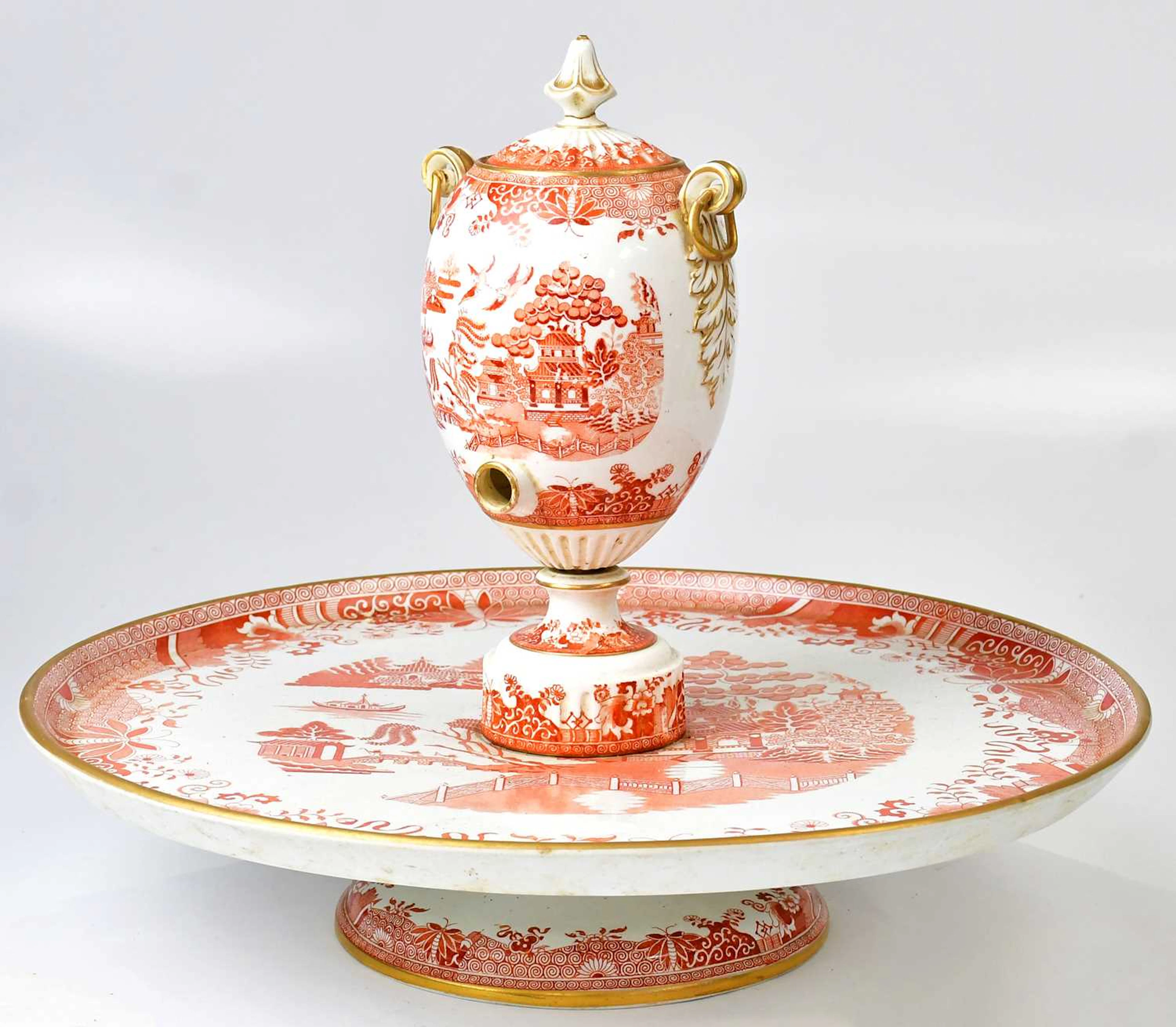 SPODE; an orange Willow pattern tea/coffee urn of ovoid form