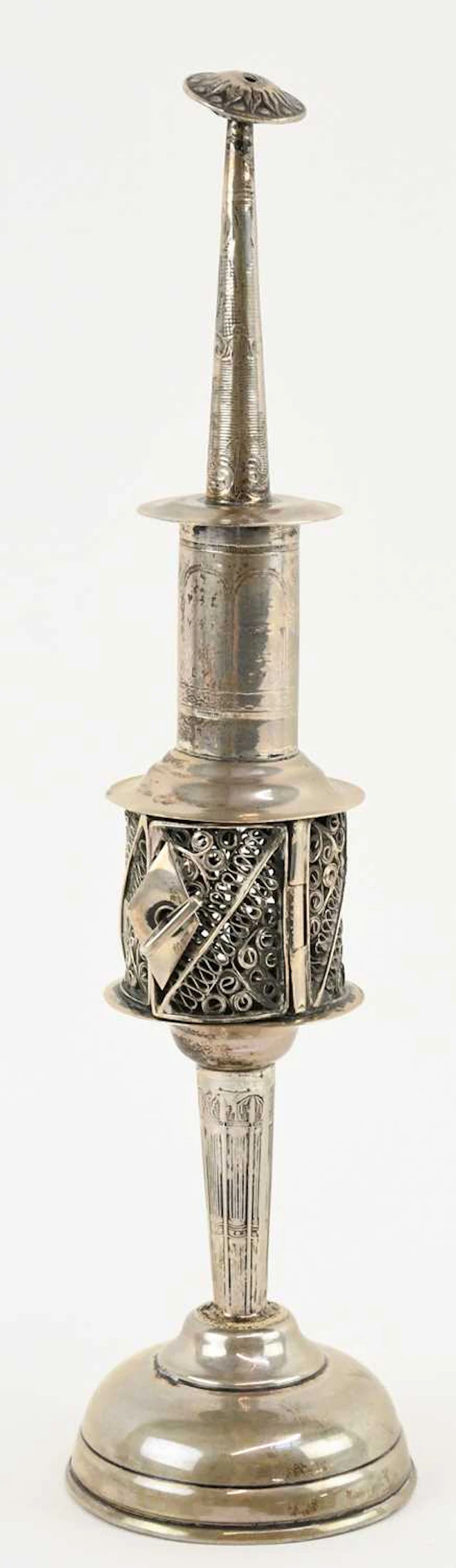 An early 20th century white metal spice tower