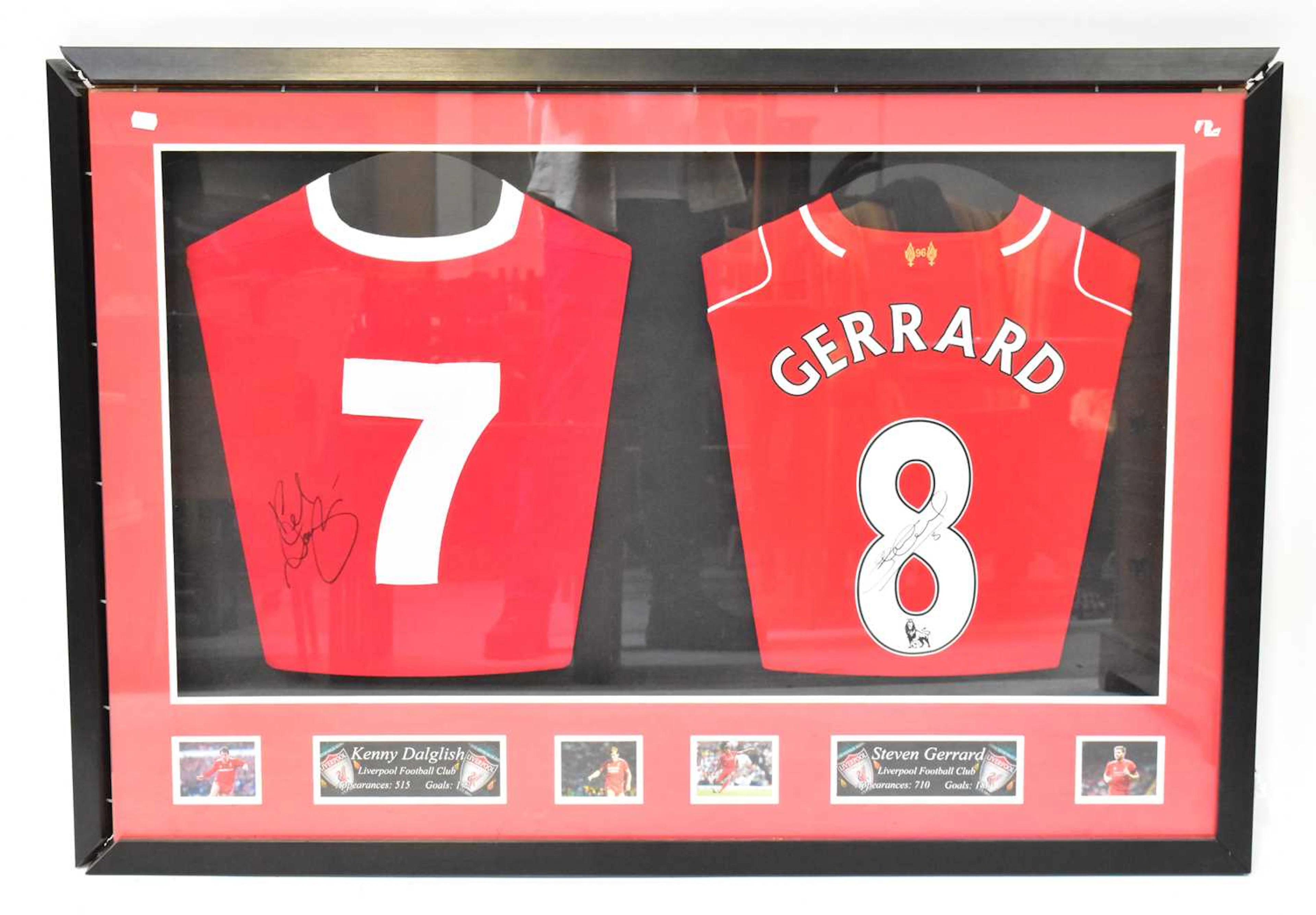 LIVERPOOL FC; a framed montage containing two signed shirts