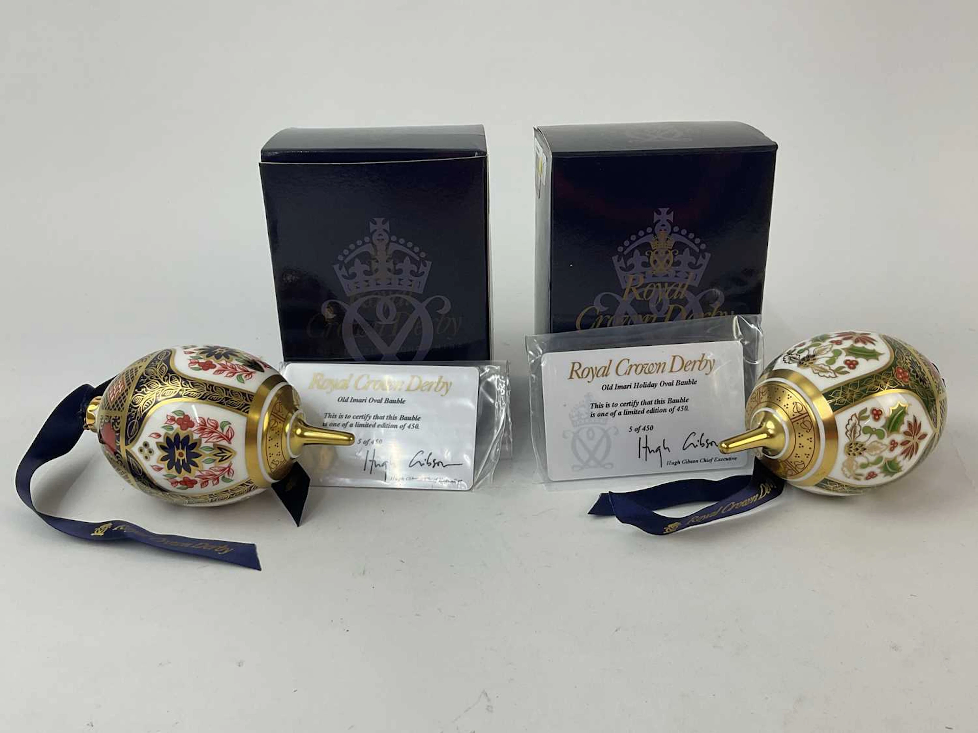 ROYAL CROWN DERBY; 'Old Imari Oval Bauble' and 'Old Imari Holiday Oval Bauble'