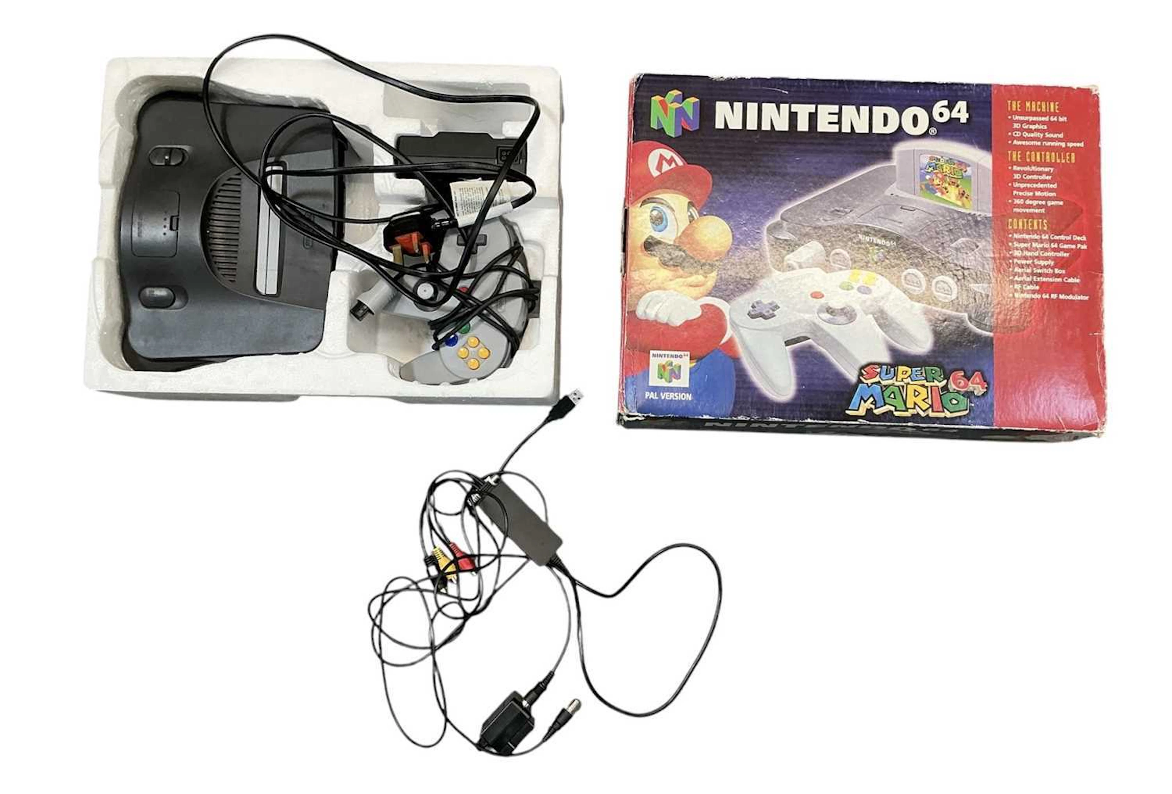 NINTENDO; a boxed vintage Super Mario 64 games console