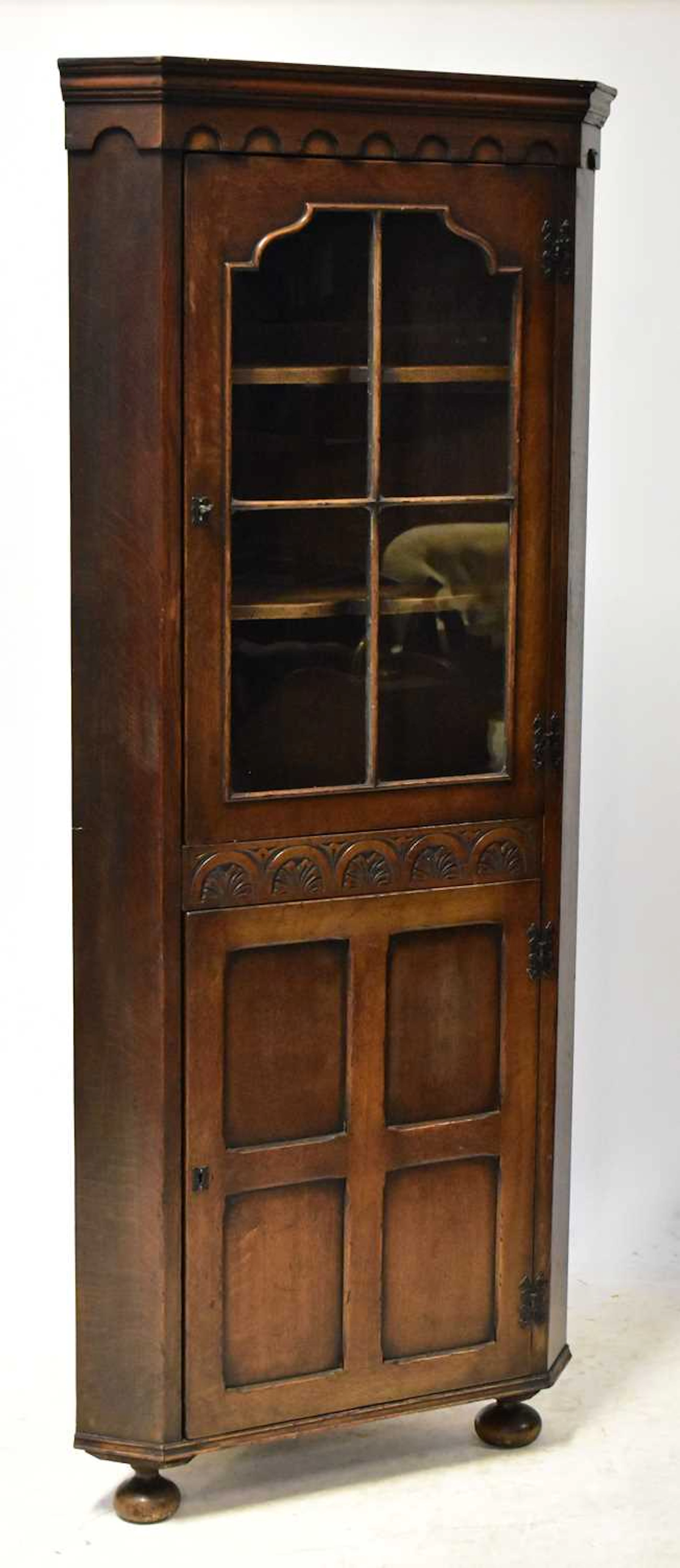 An Old Charm type oak free standing corner cabinet