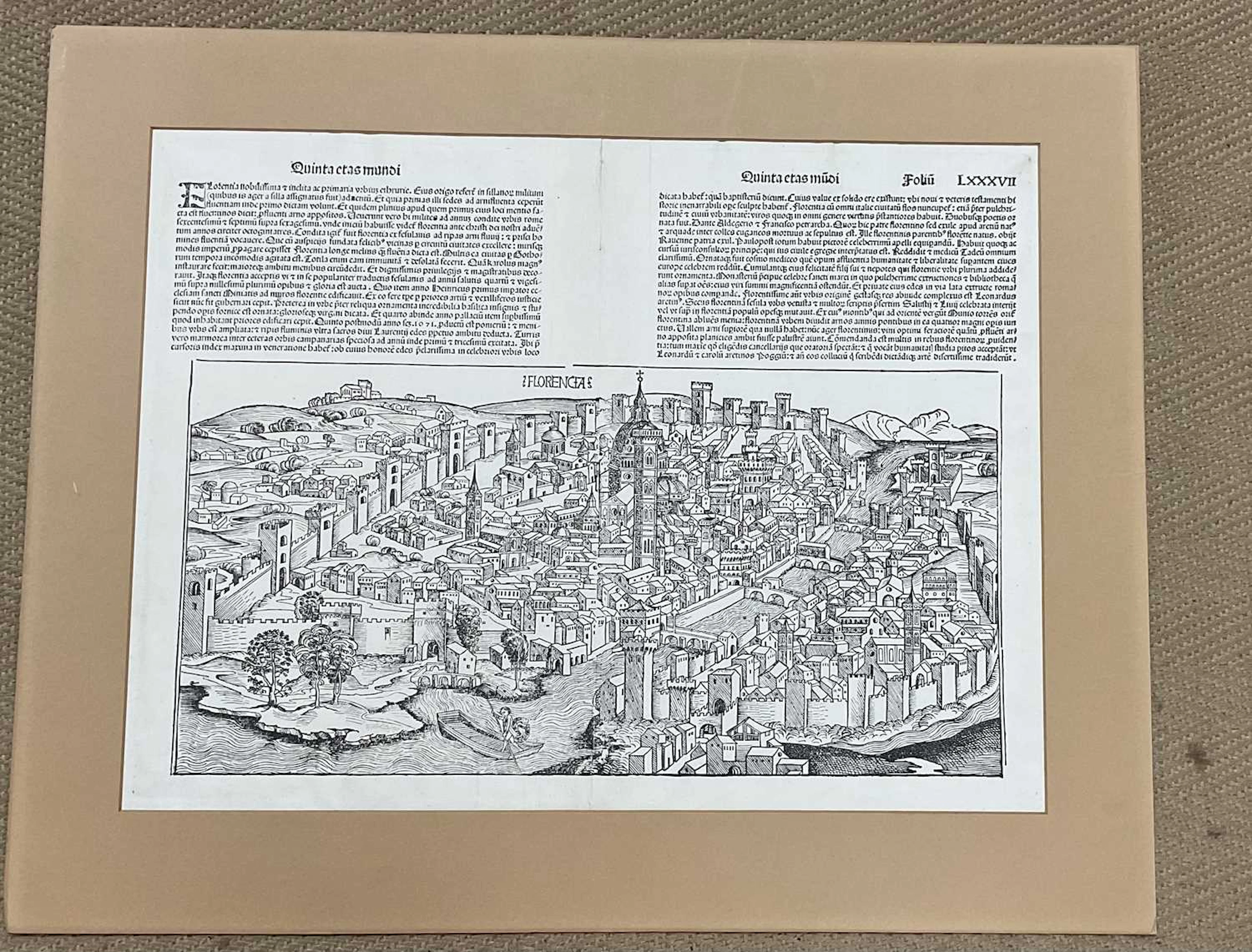 A double page-mounted black and white bird's eye view of Florence