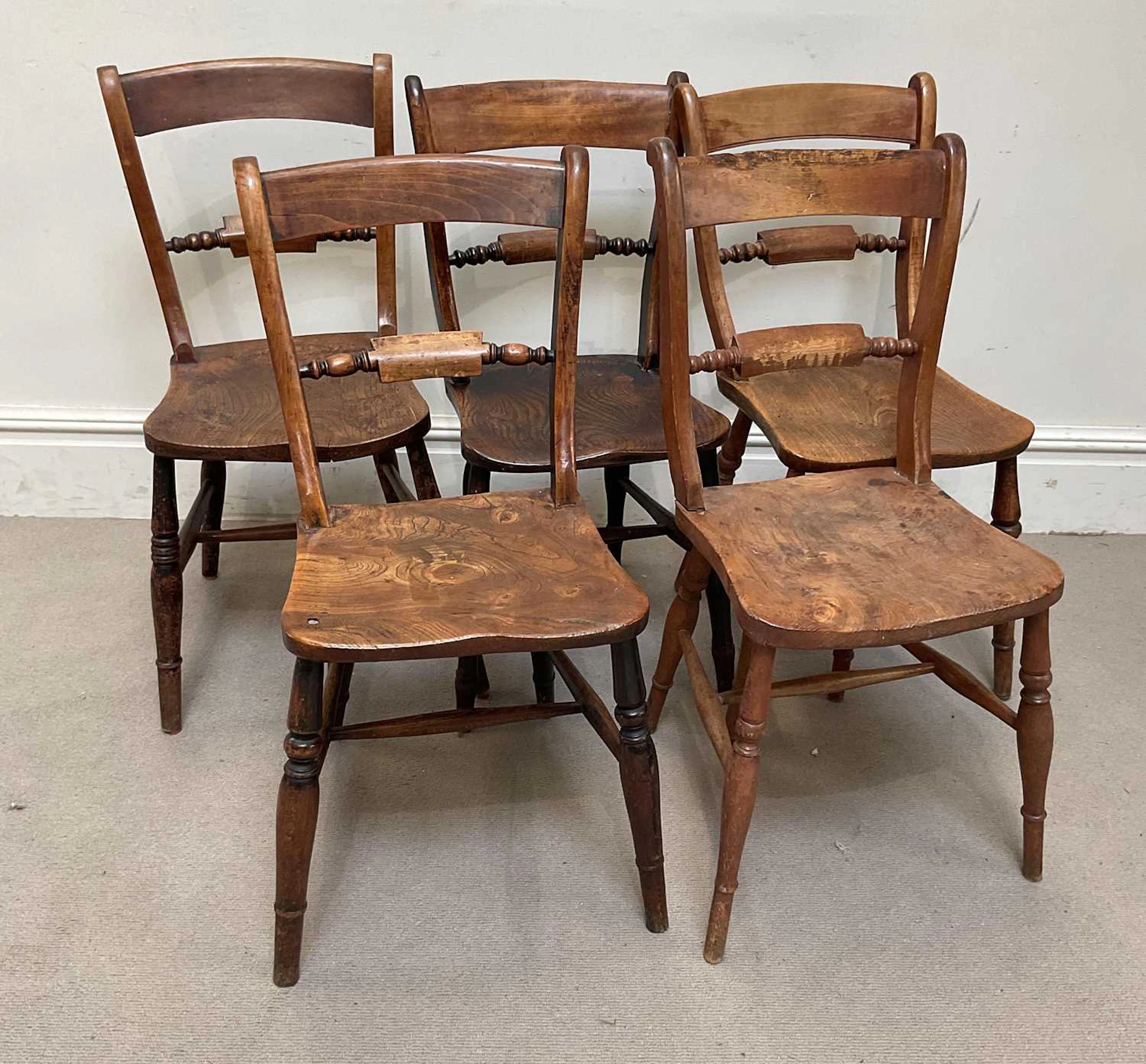 Five assorted late 19th century country kitchen dining chairs