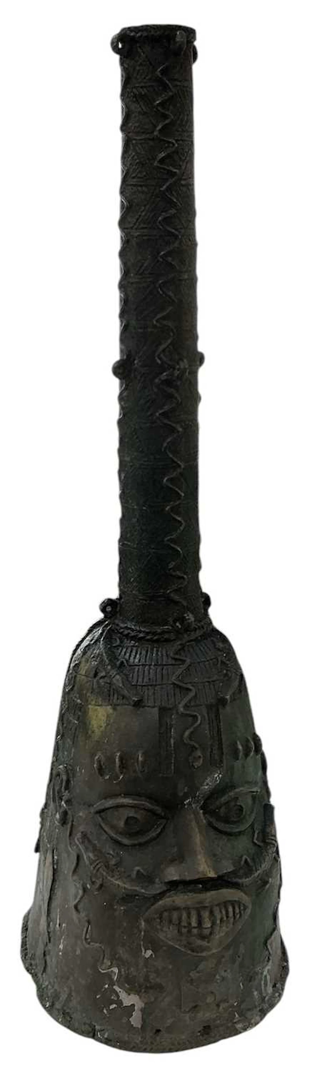 A large African tribal Benin bronze Ododua ceremonial helmet mask