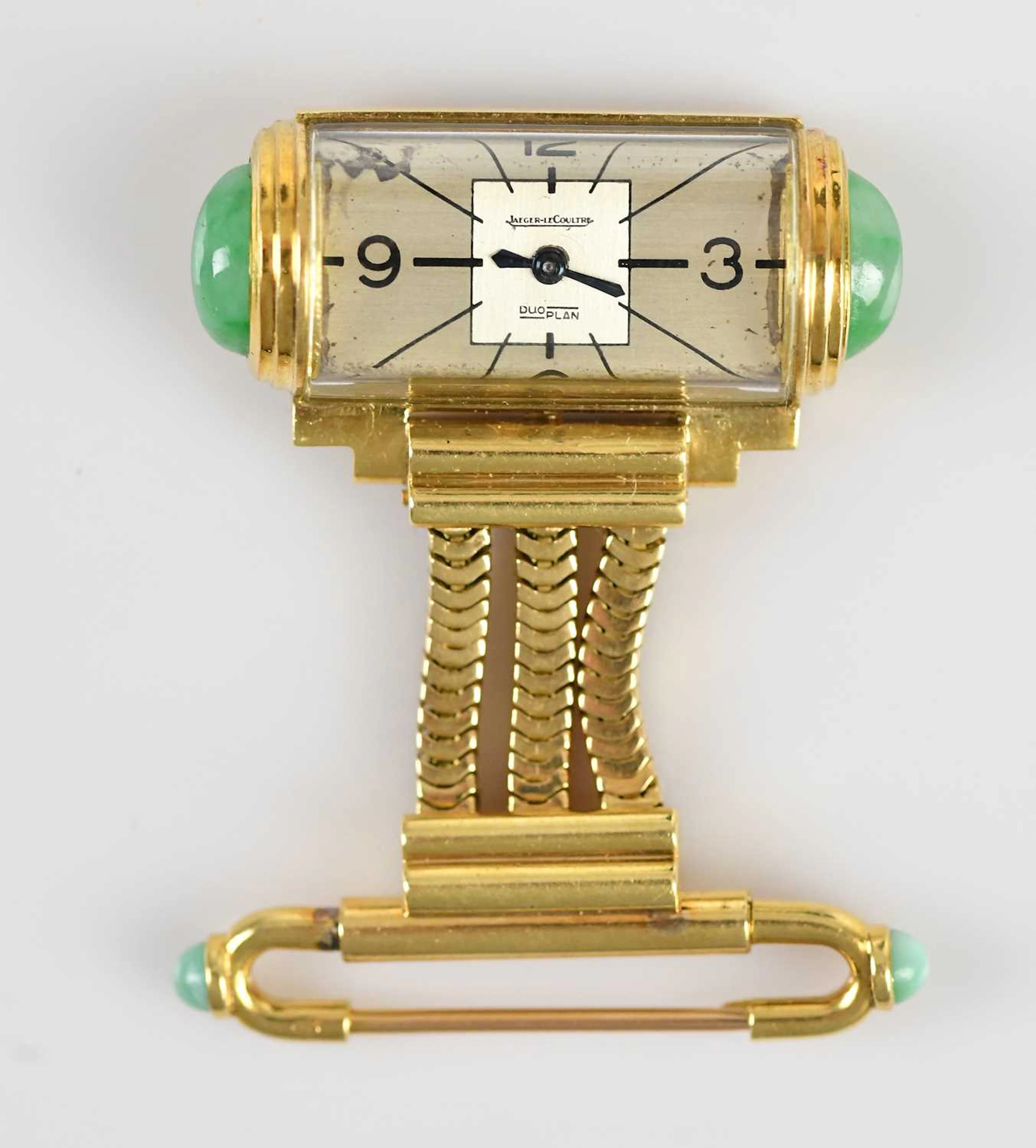 JAEGER LE COULTRE; an 18ct gold Duoplan fob/pendant watch with jade cabochons