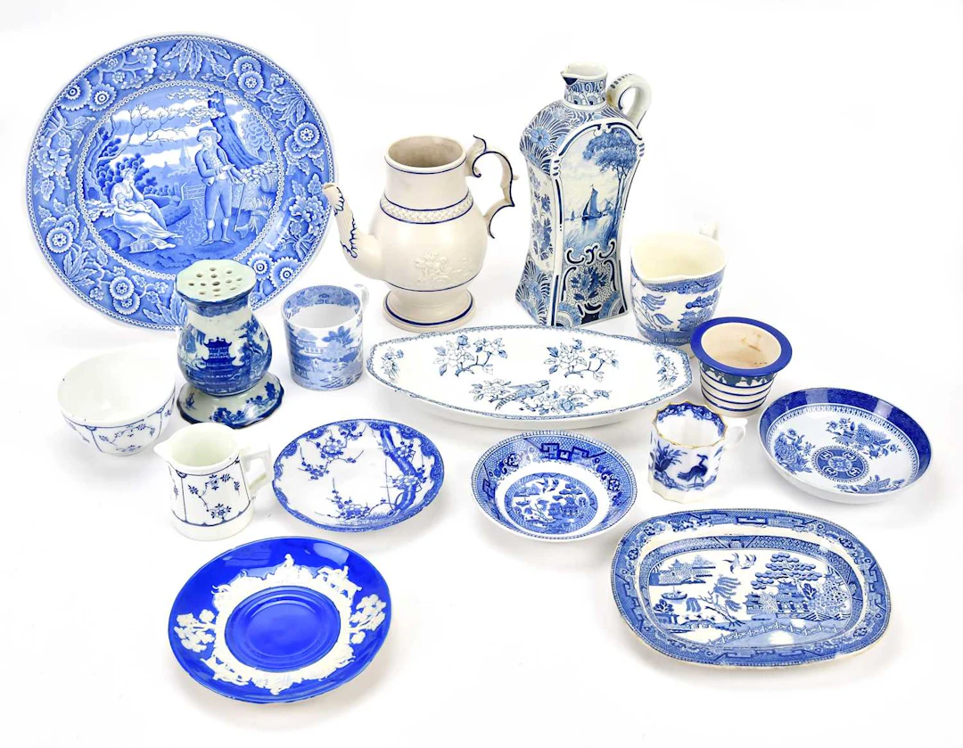 A collection of blue and white ceramics