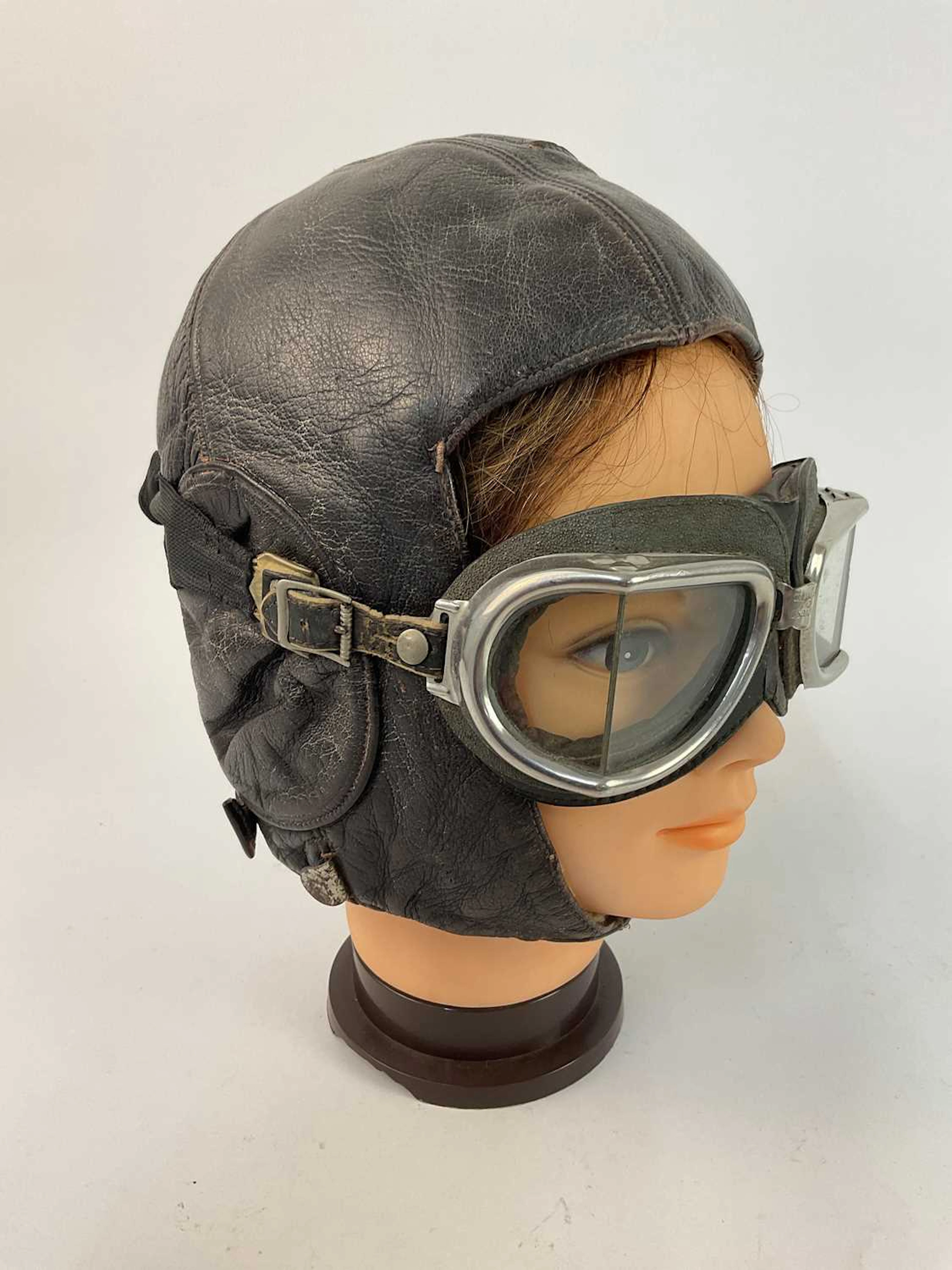 A WWII era German pilot's leather skull cap