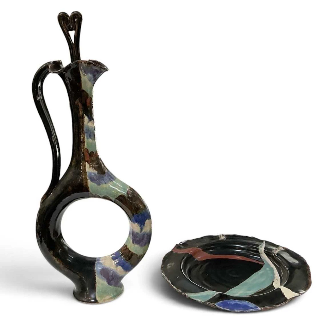 MEIRA; a large abstract multicoloured glazed ‘Glug’ jug