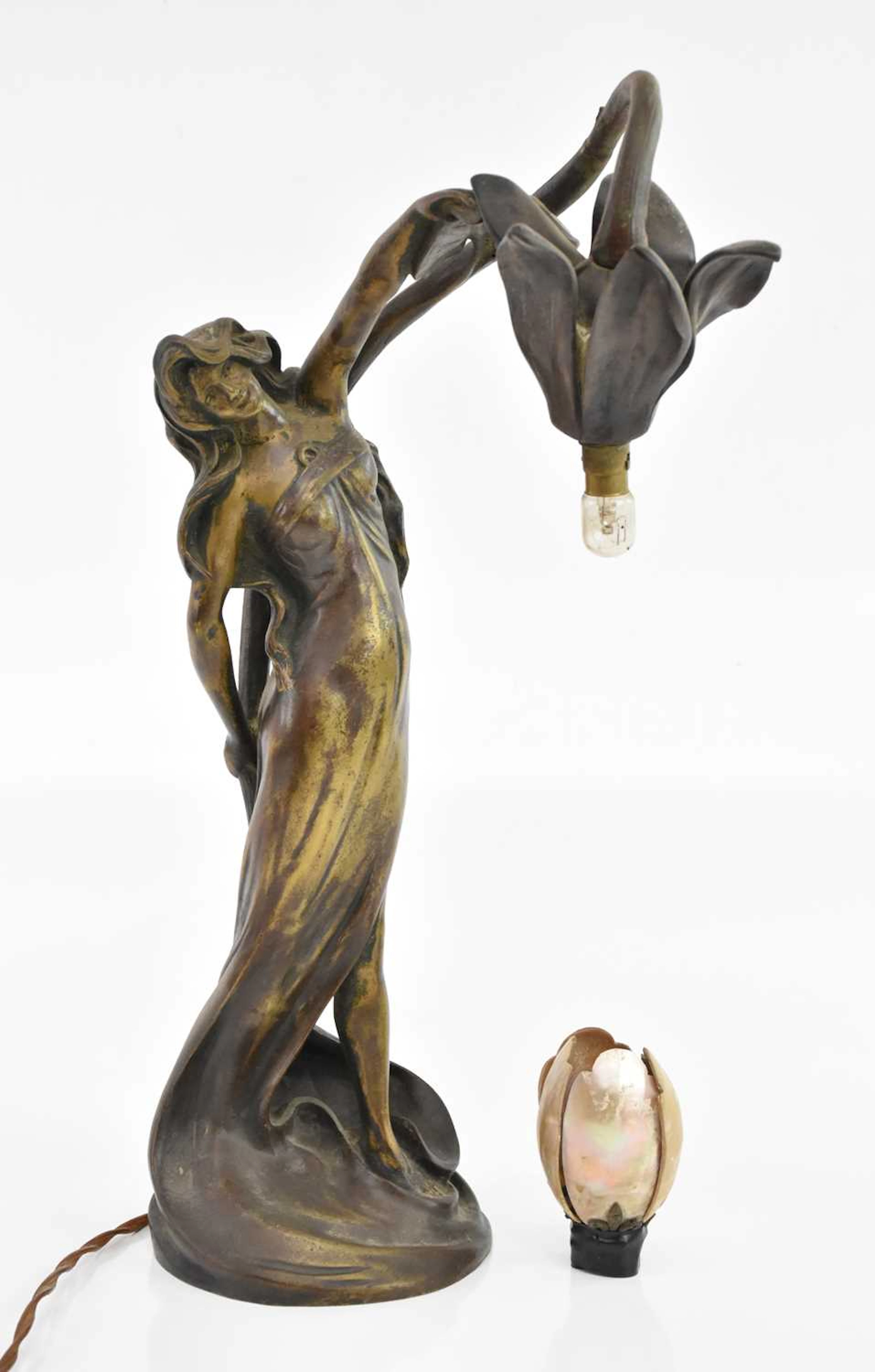 An Art Nouveau bronze table lamp representing a maiden...