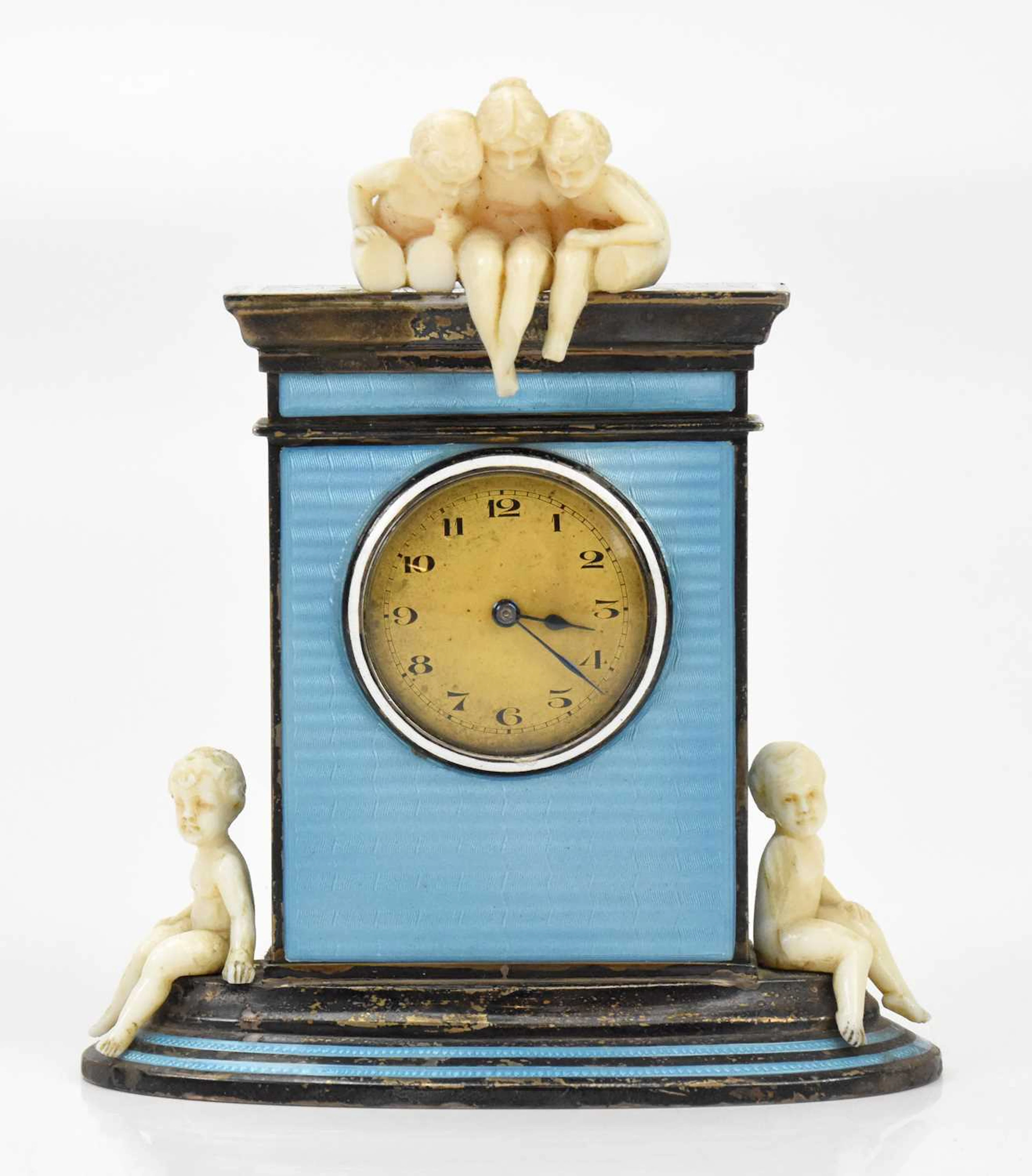 An Art Deco silver and guilloche enamel timepiece