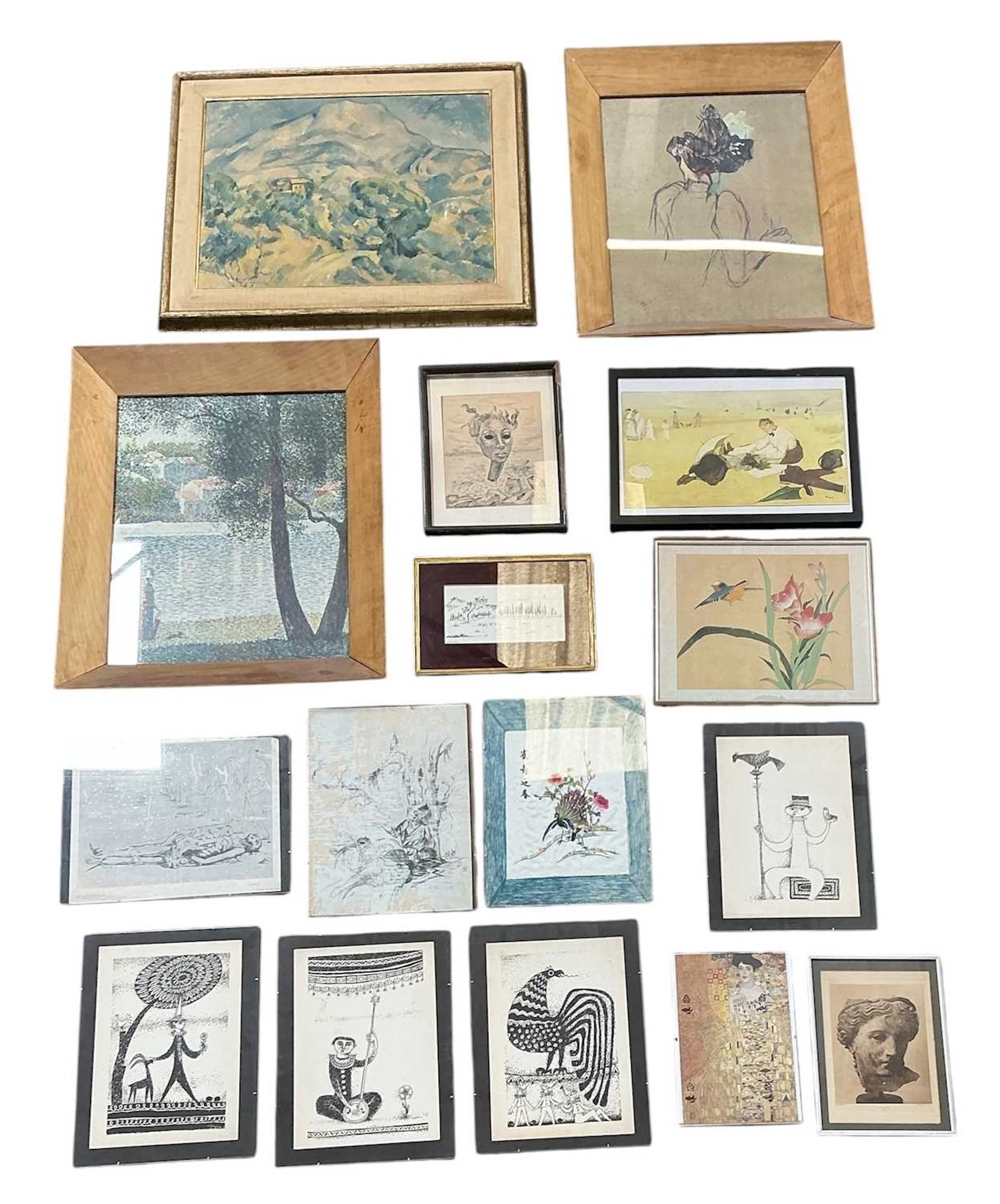 A collection of approximately seventeen assorted pictures and prints