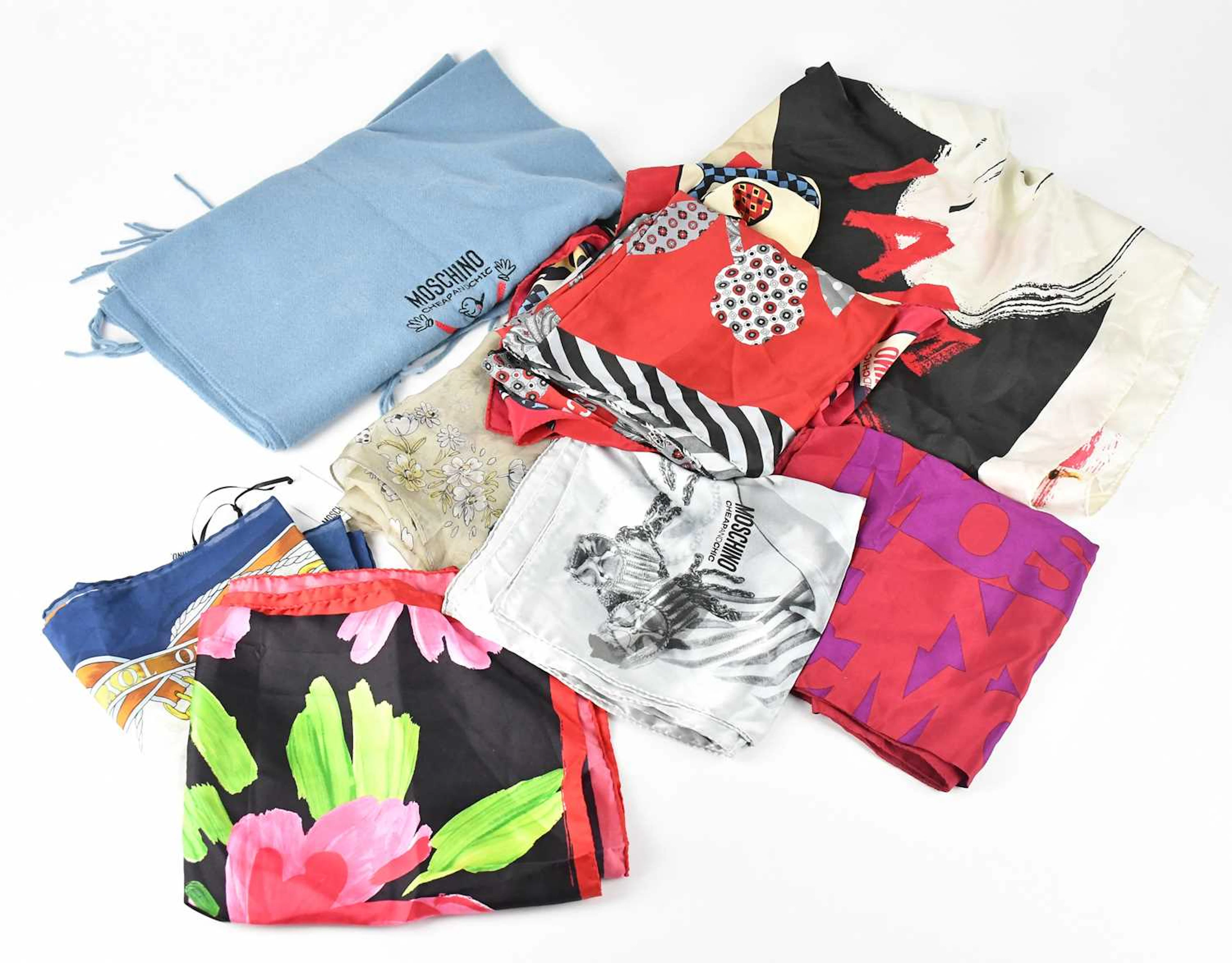 MOSCHINO; nine scarves comprising a grey wool long scarf