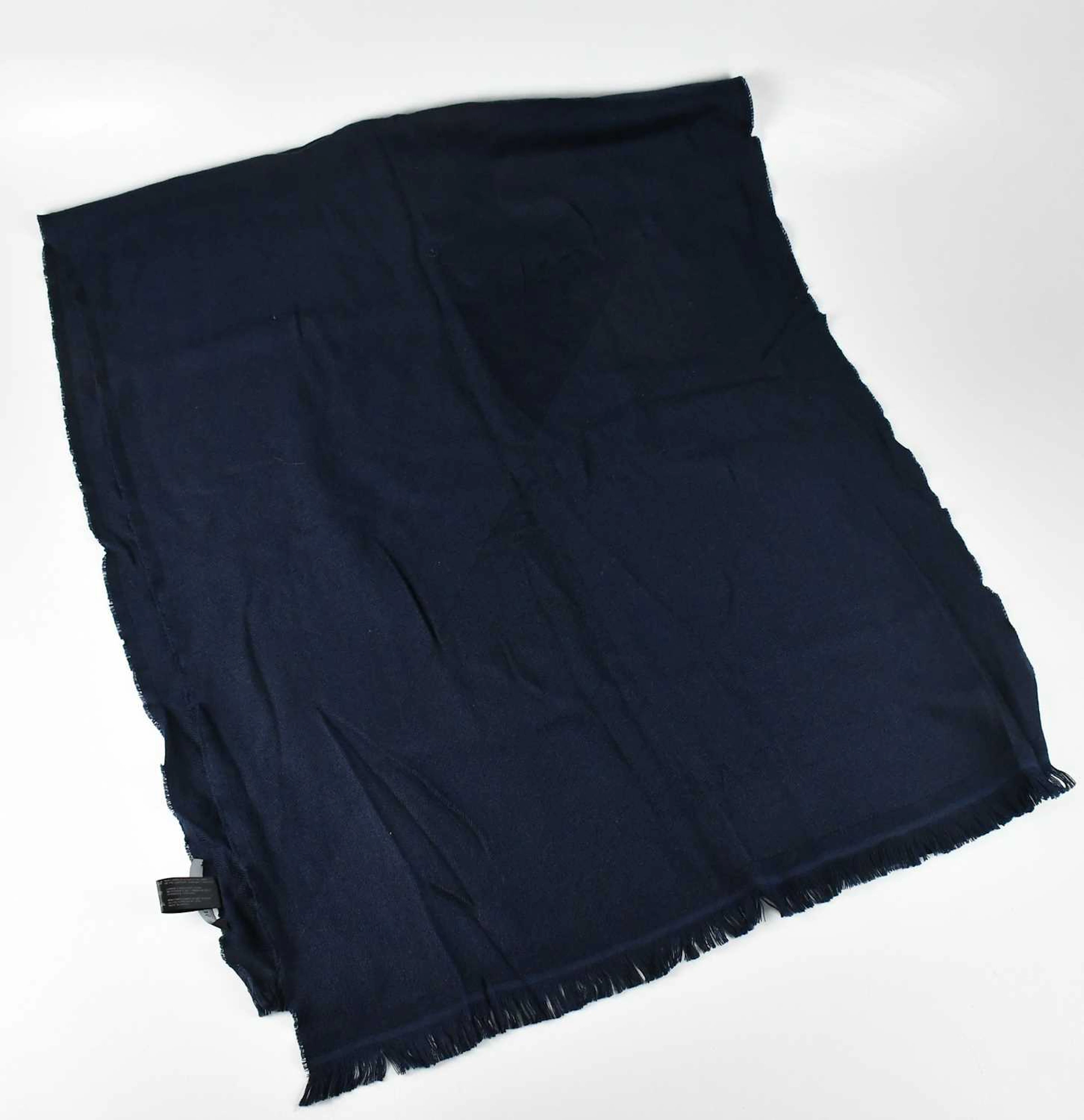VERSACE; a 100% wool navy blue full length rectangular scarf