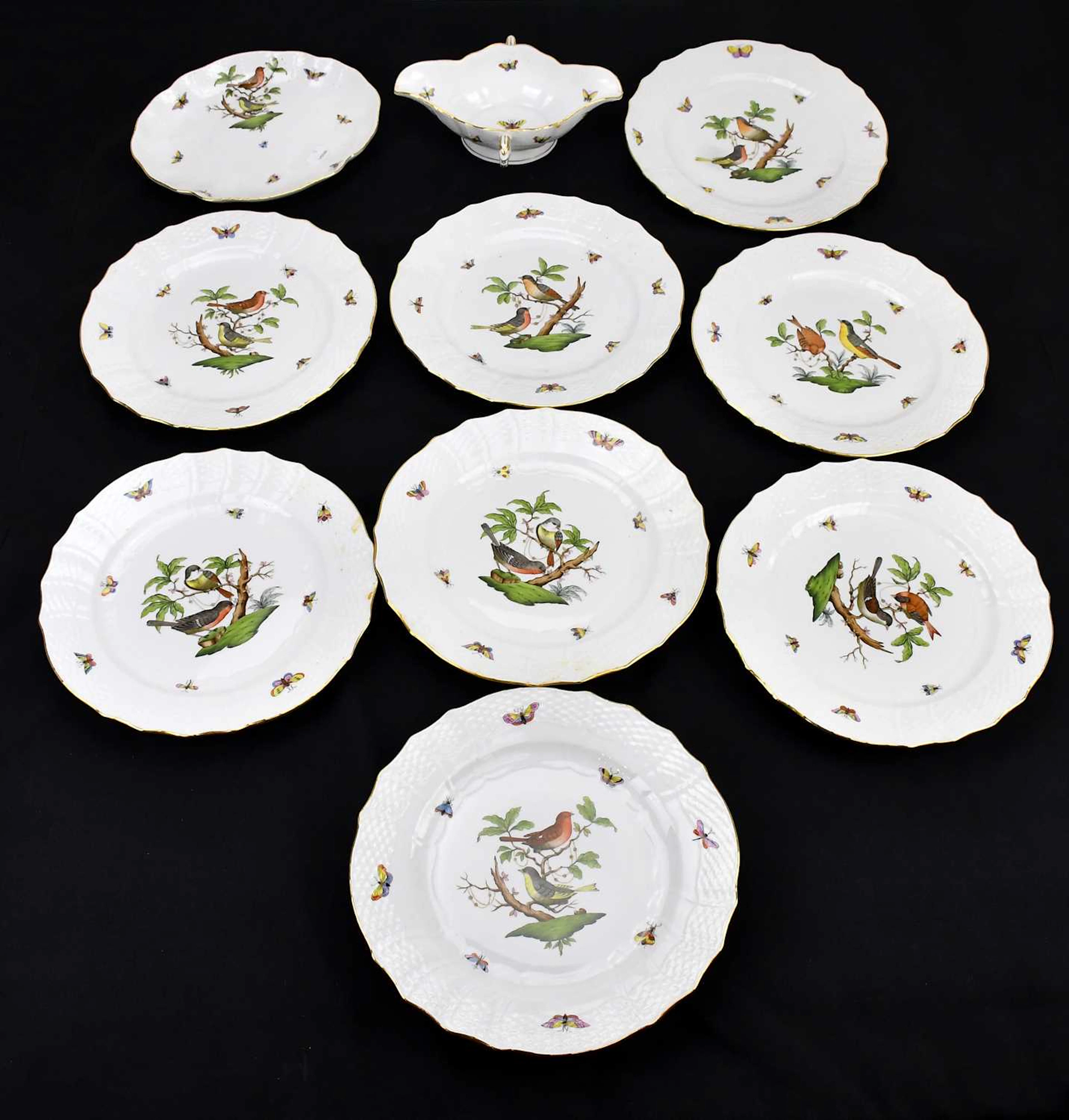 HEREND; eight large dinner plates in the 'Rothschild Birds' pattern