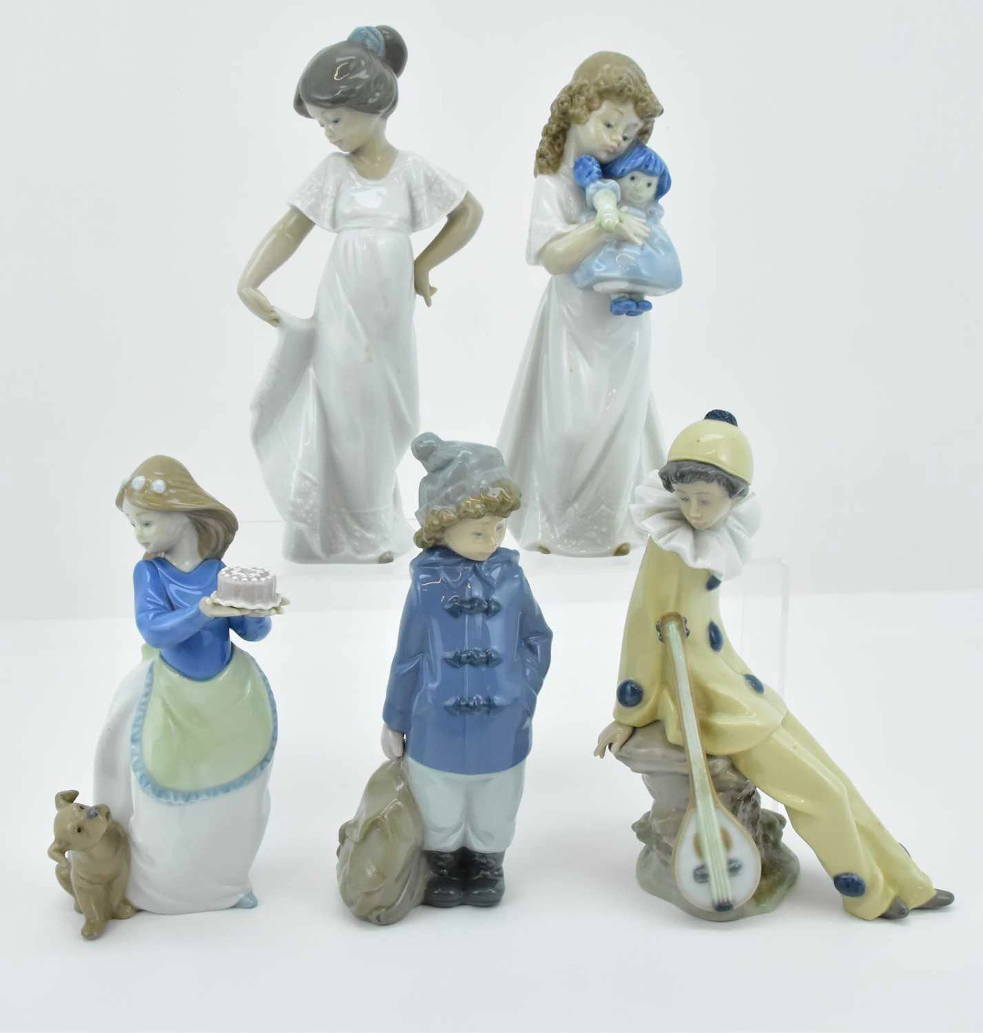 NAO; five high gloss Spanish porcelain figures comprising harlequin with lute